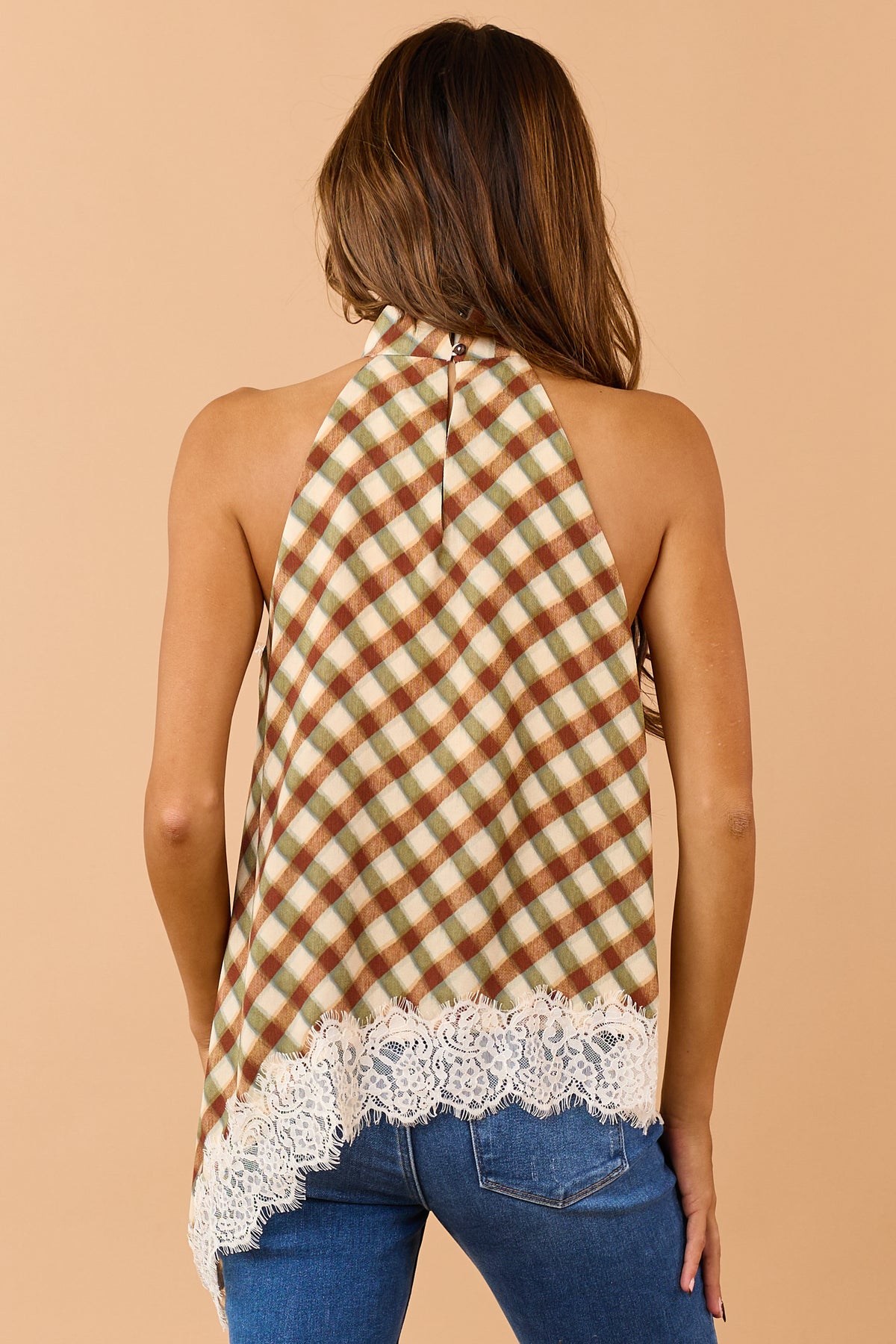 Entro Olive Plaid Asymmetrical Lace Hem Halter Top