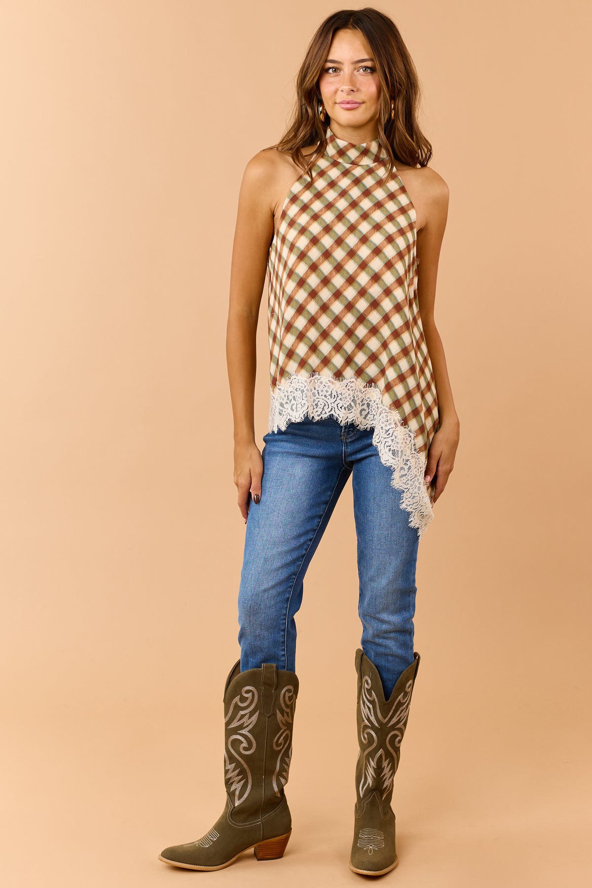 Entro Olive Plaid Asymmetrical Lace Hem Halter Top