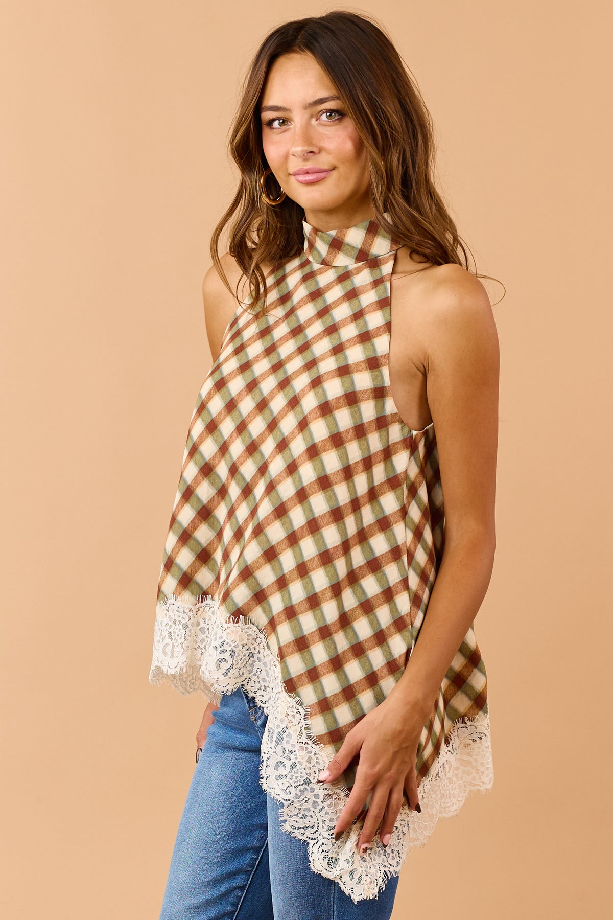 Entro Olive Plaid Asymmetrical Lace Hem Halter Top