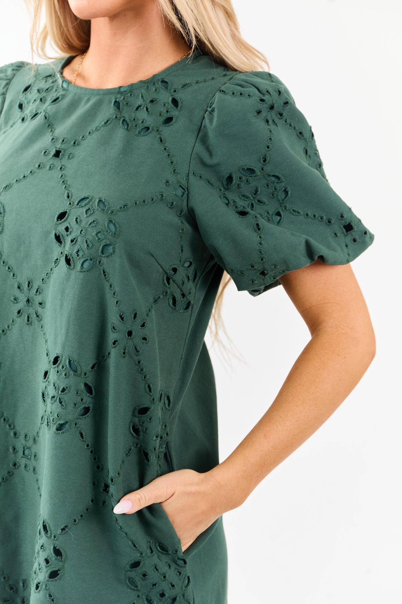 Entro Pine Eyelet Cotton Short Sleeve Mini Shift Dress