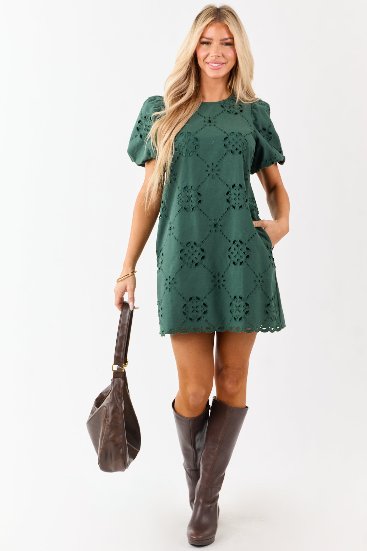 Entro Pine Eyelet Cotton Short Sleeve Mini Shift Dress