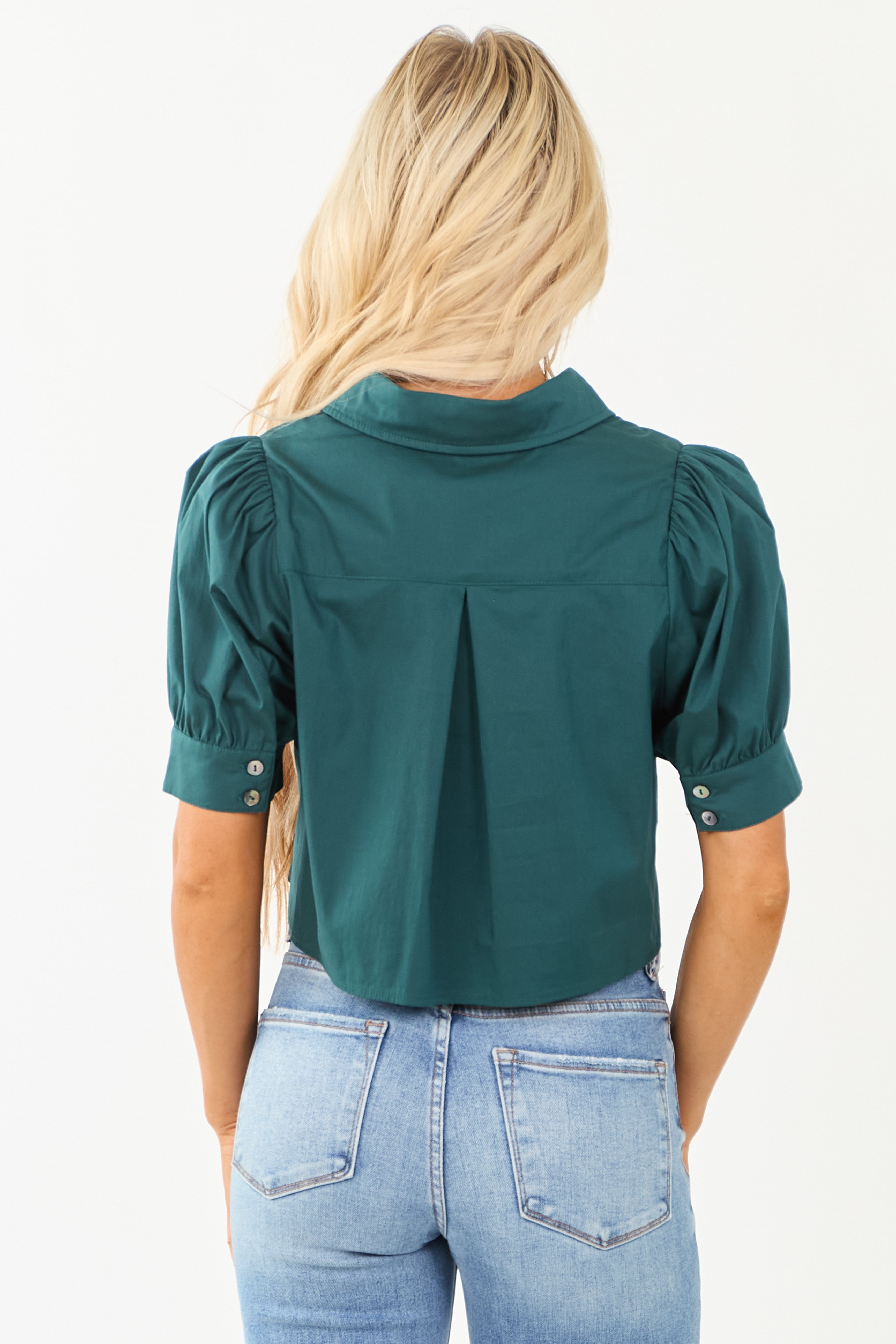Entro Pine Half Puff Sleeve Button Down Top