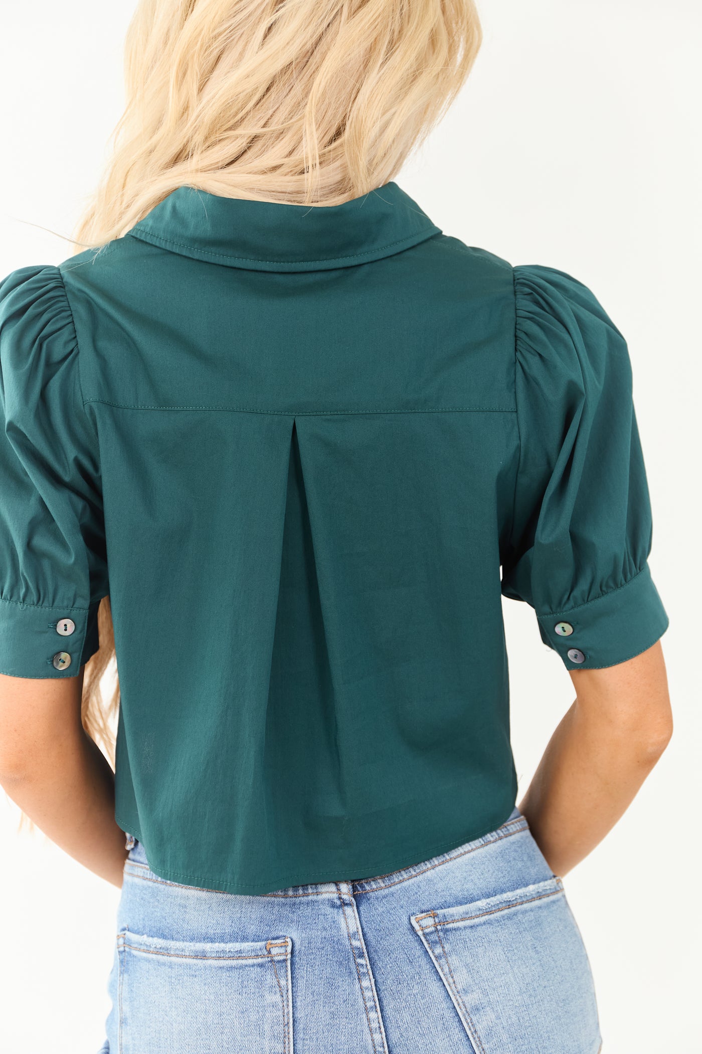 Entro Pine Half Puff Sleeve Button Down Top