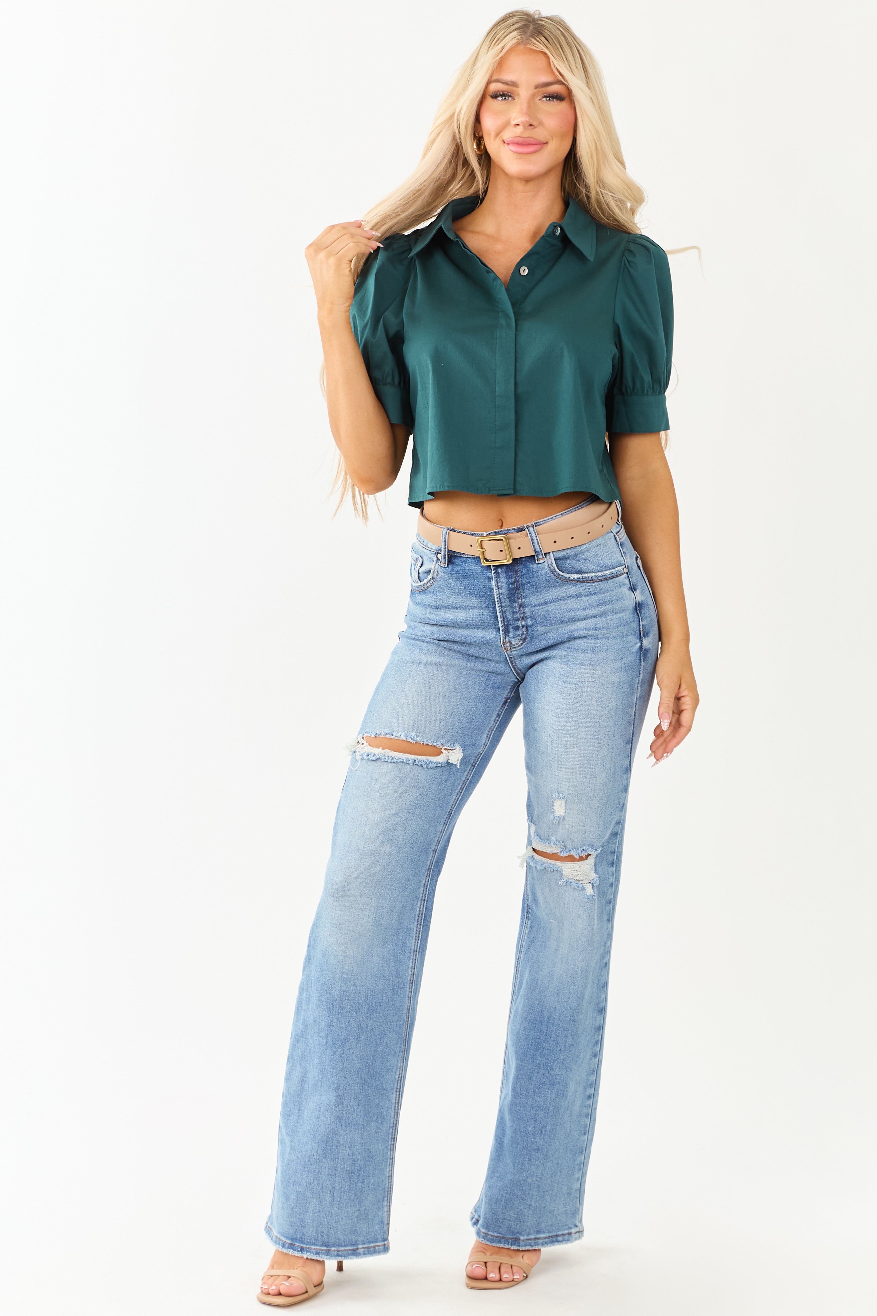 Entro Pine Half Puff Sleeve Button Down Top