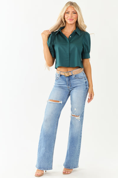 Entro Pine Half Puff Sleeve Button Down Top