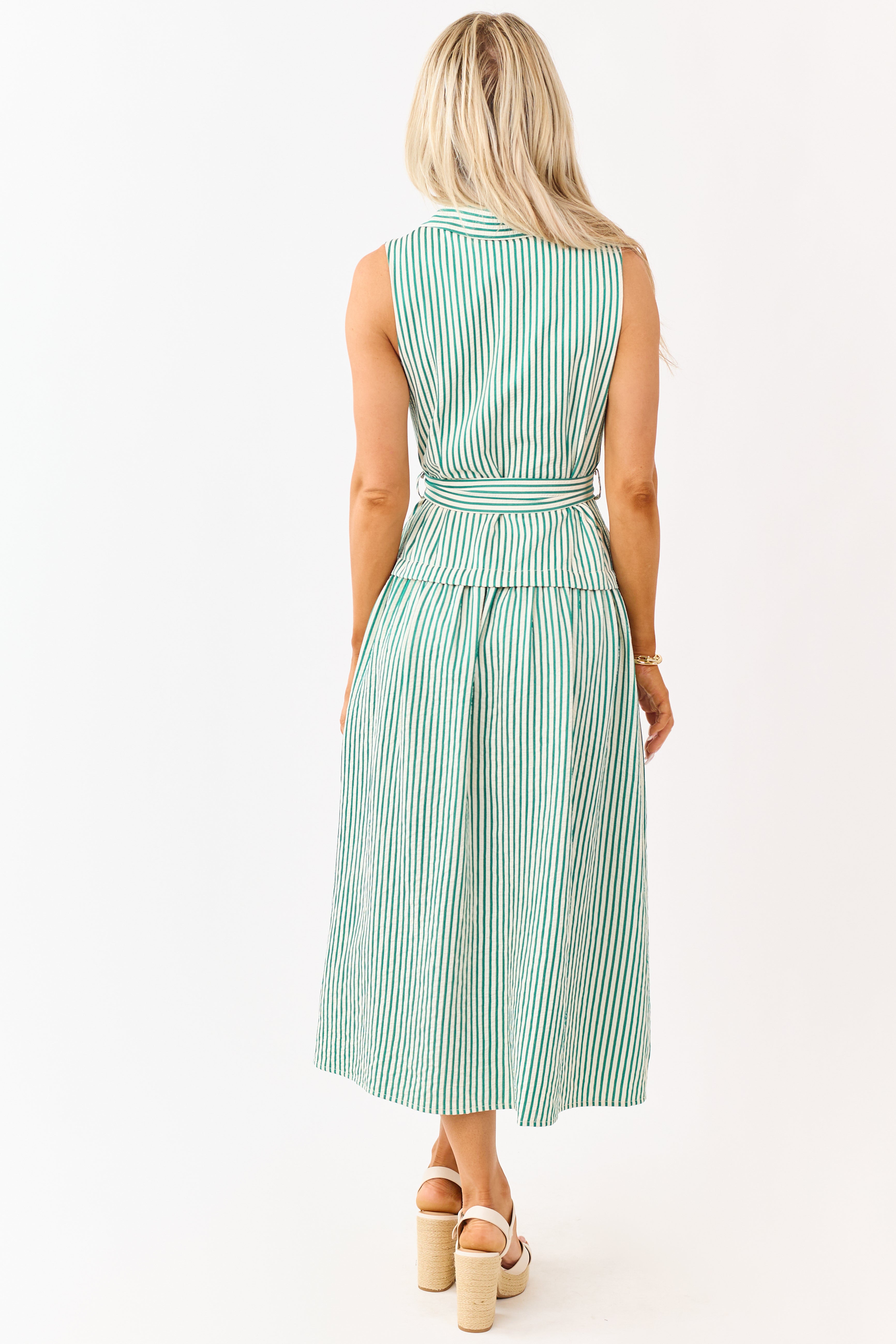 Entro Pine and Cream Striped Waist Tie Midi Dress