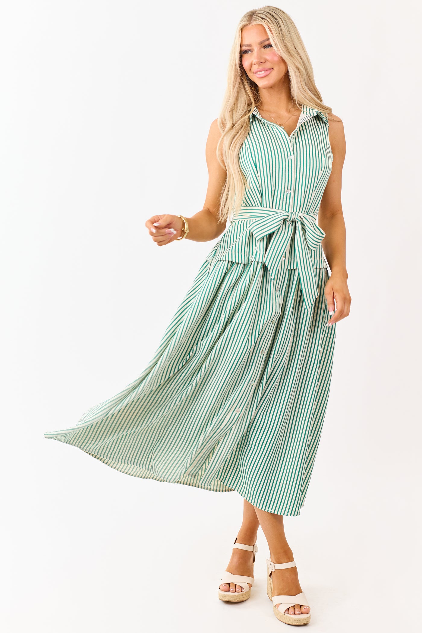 Entro Pine and Cream Striped Waist Tie Midi Dress