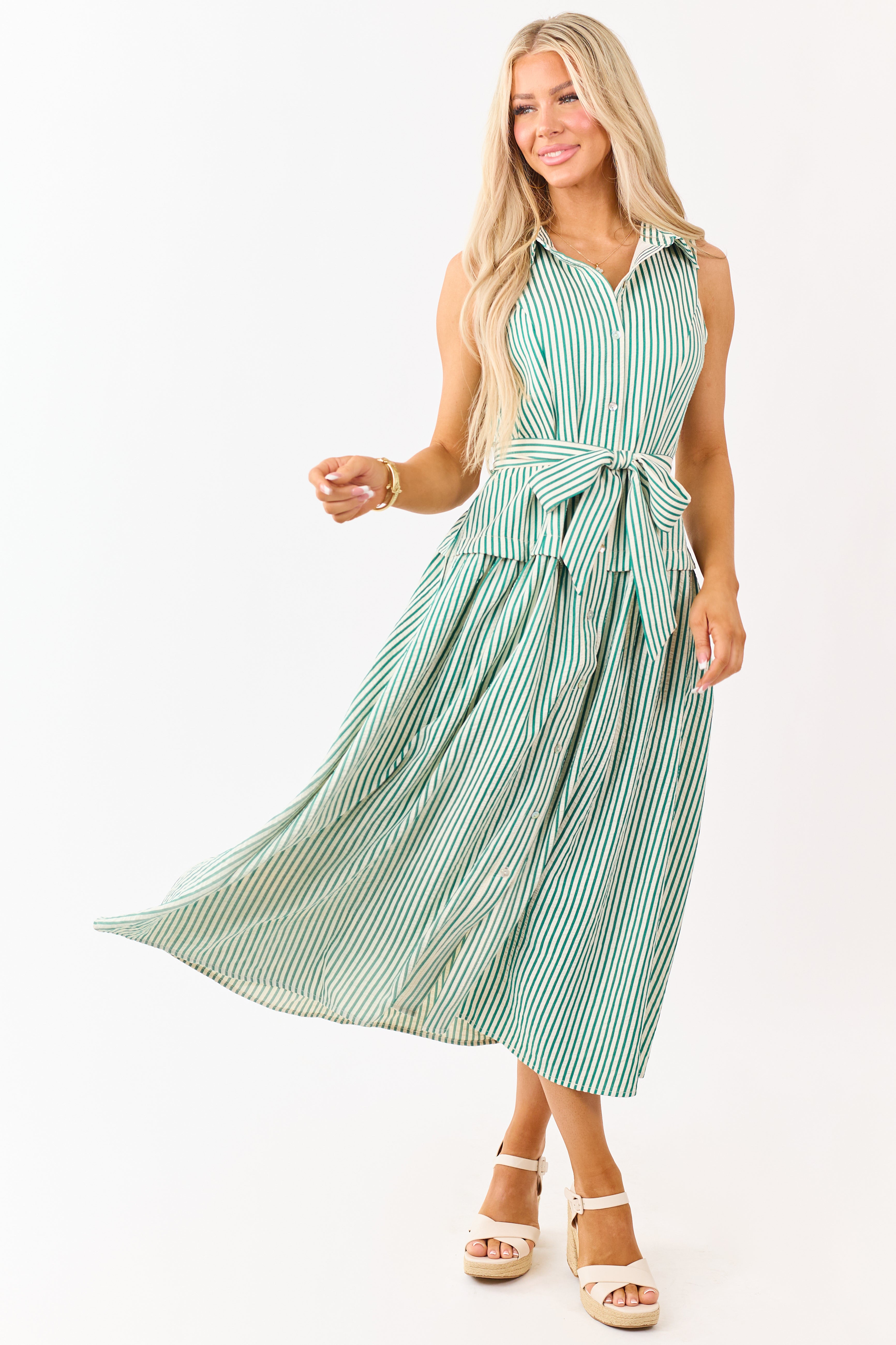 Entro Pine and Cream Striped Waist Tie Midi Dress