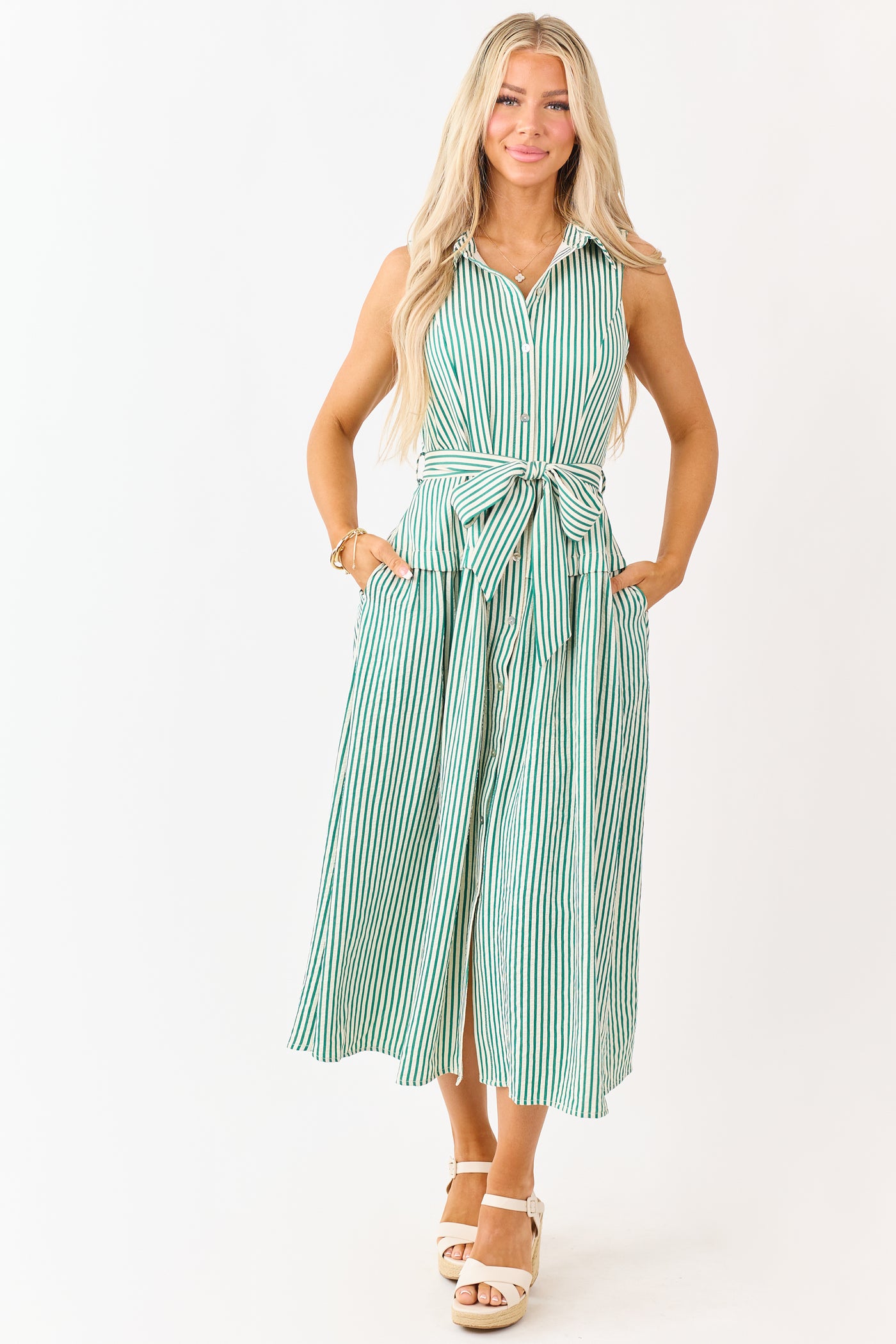 Entro Pine and Cream Striped Waist Tie Midi Dress