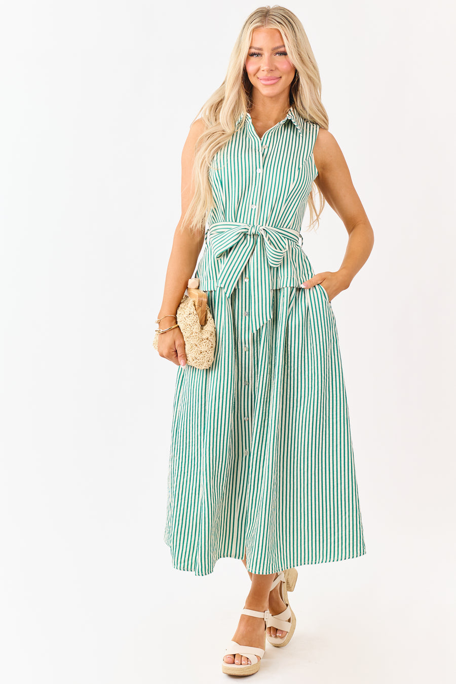 Entro Pine and Cream Striped Waist Tie Midi Dress