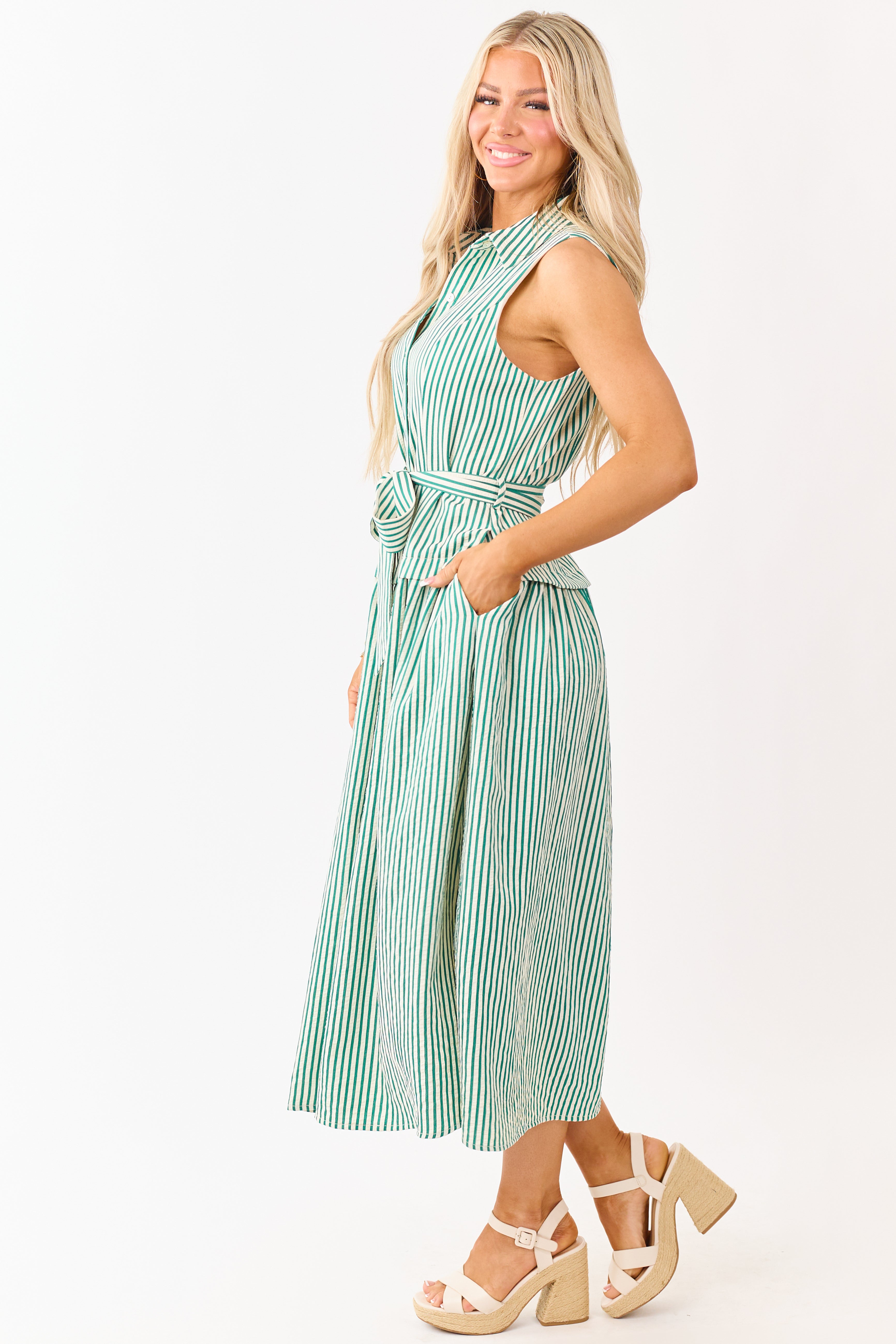 Entro Pine and Cream Striped Waist Tie Midi Dress