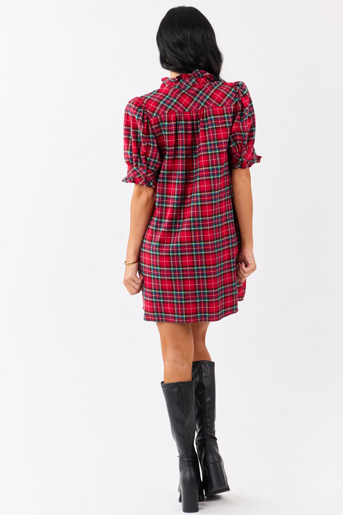 entro green plaid dress GREEN MINI DRESS WITH PLAID TRIM 1X