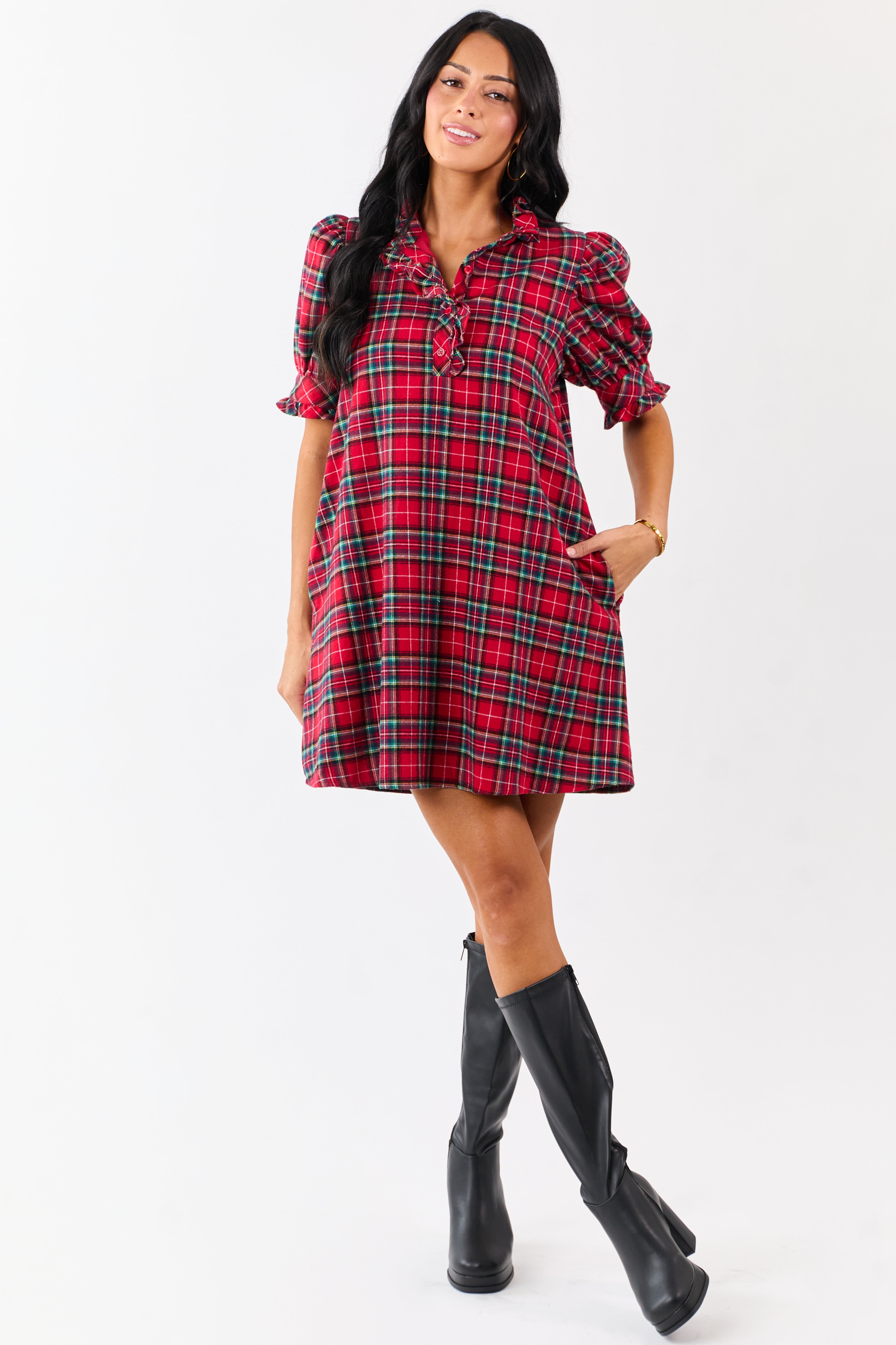 Entro Pomegranate Cotton Plaid Mini Shift Dress | Lime Lush Boutique