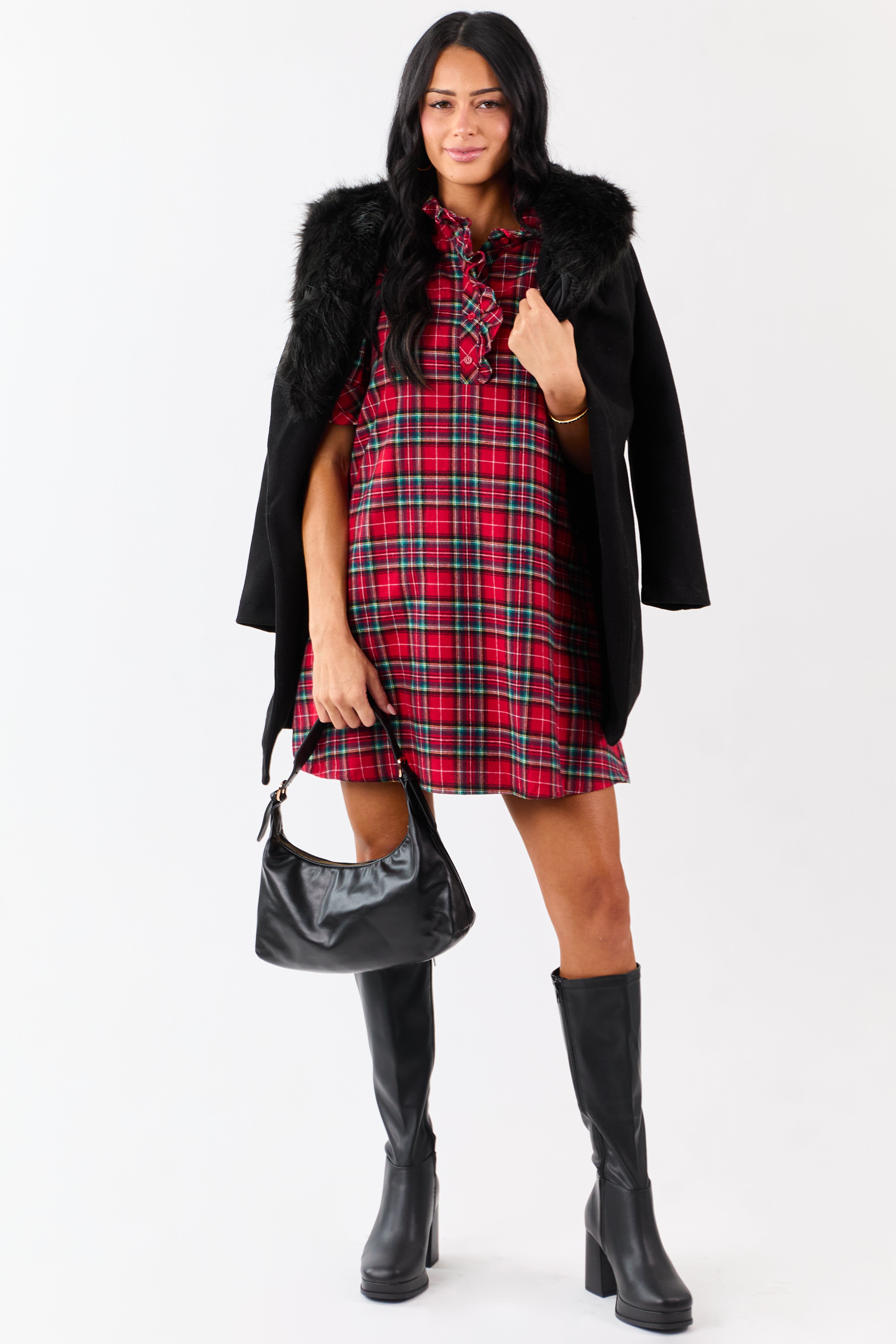 Entro Pomegranate Cotton Plaid Mini Shift Dress
