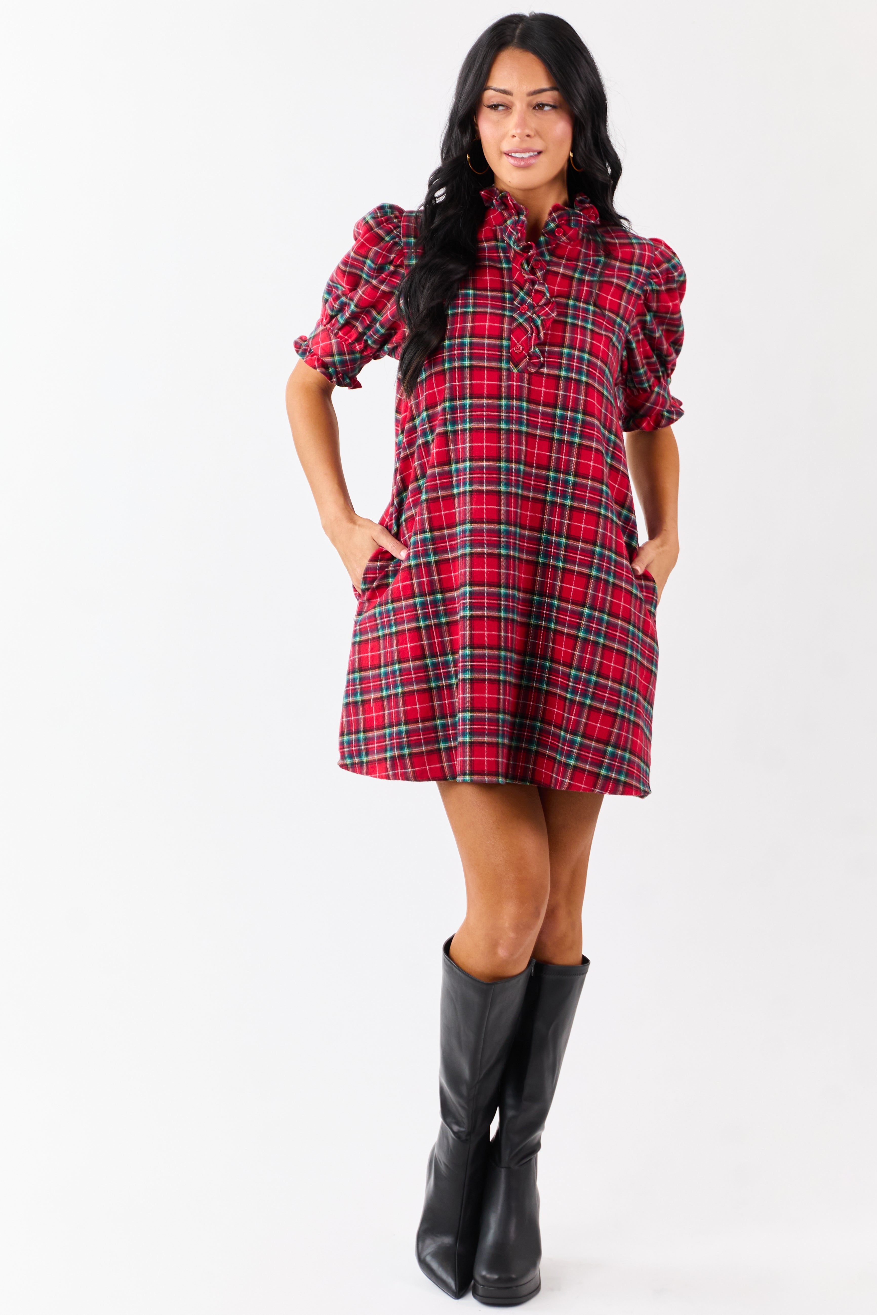 Entro Pomegranate Cotton Plaid Mini Shift Dress | Lime Lush Boutique