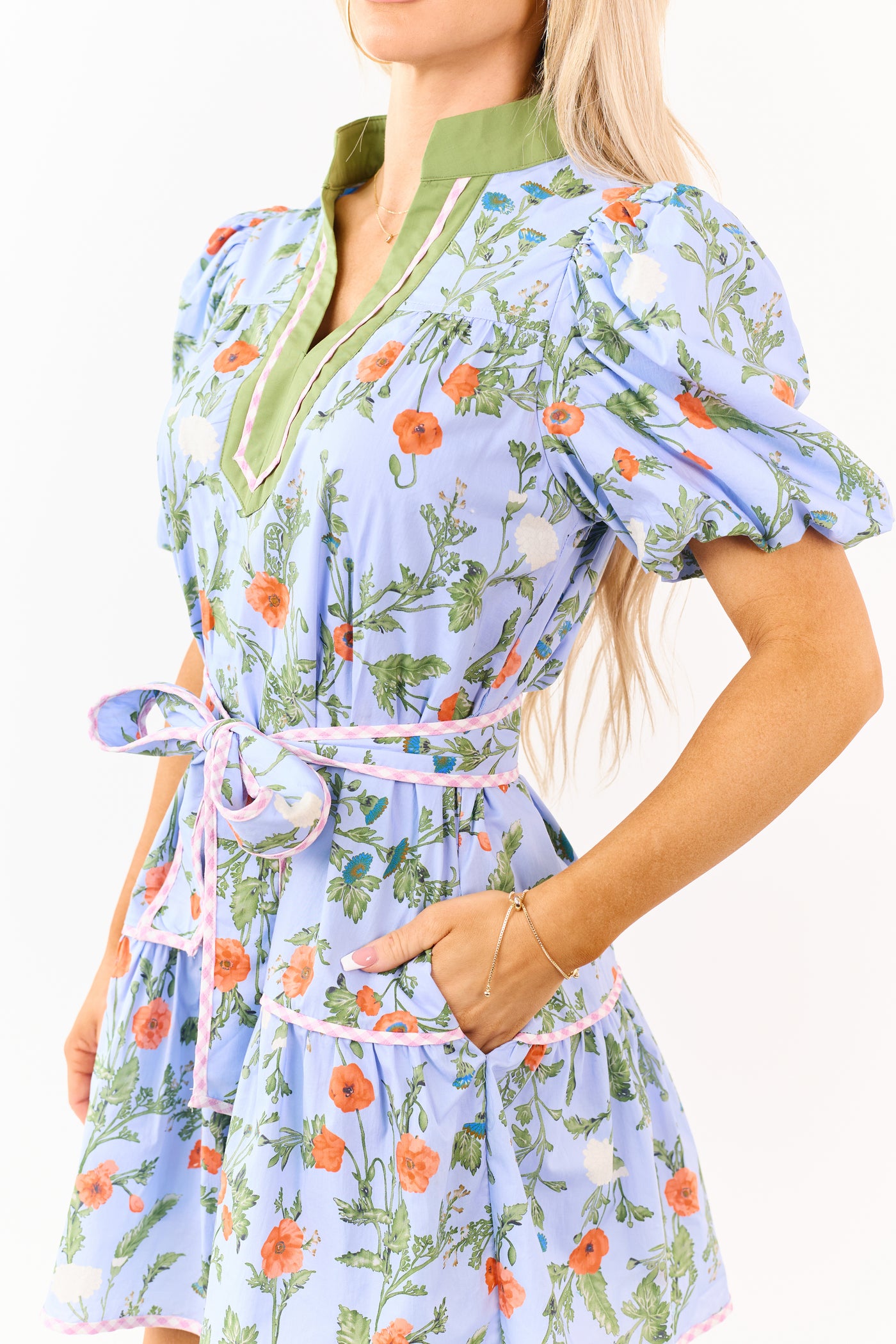 Entro Powder Blue Cotton Floral Print Mini Dress