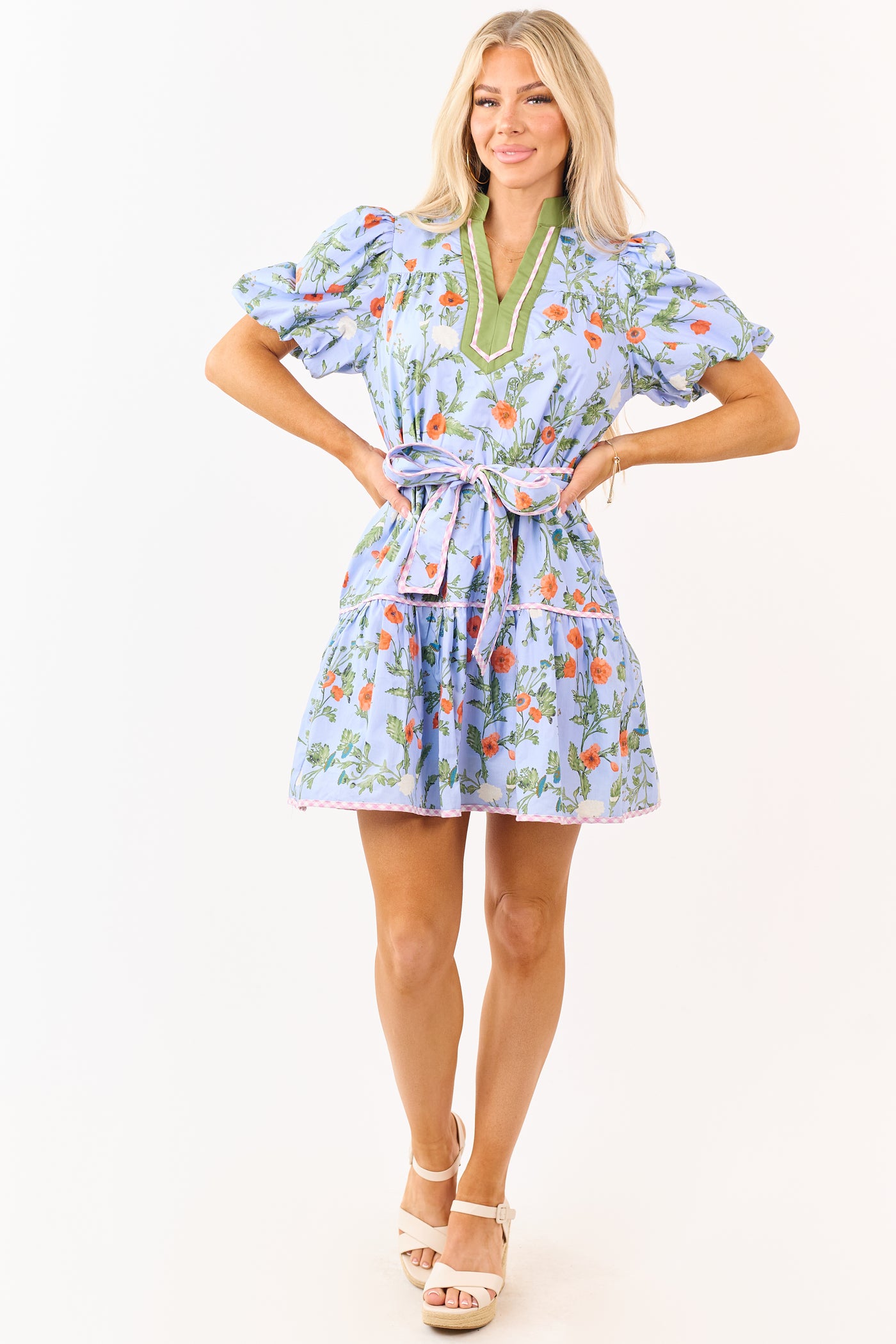 Entro Powder Blue Cotton Floral Print Mini Dress