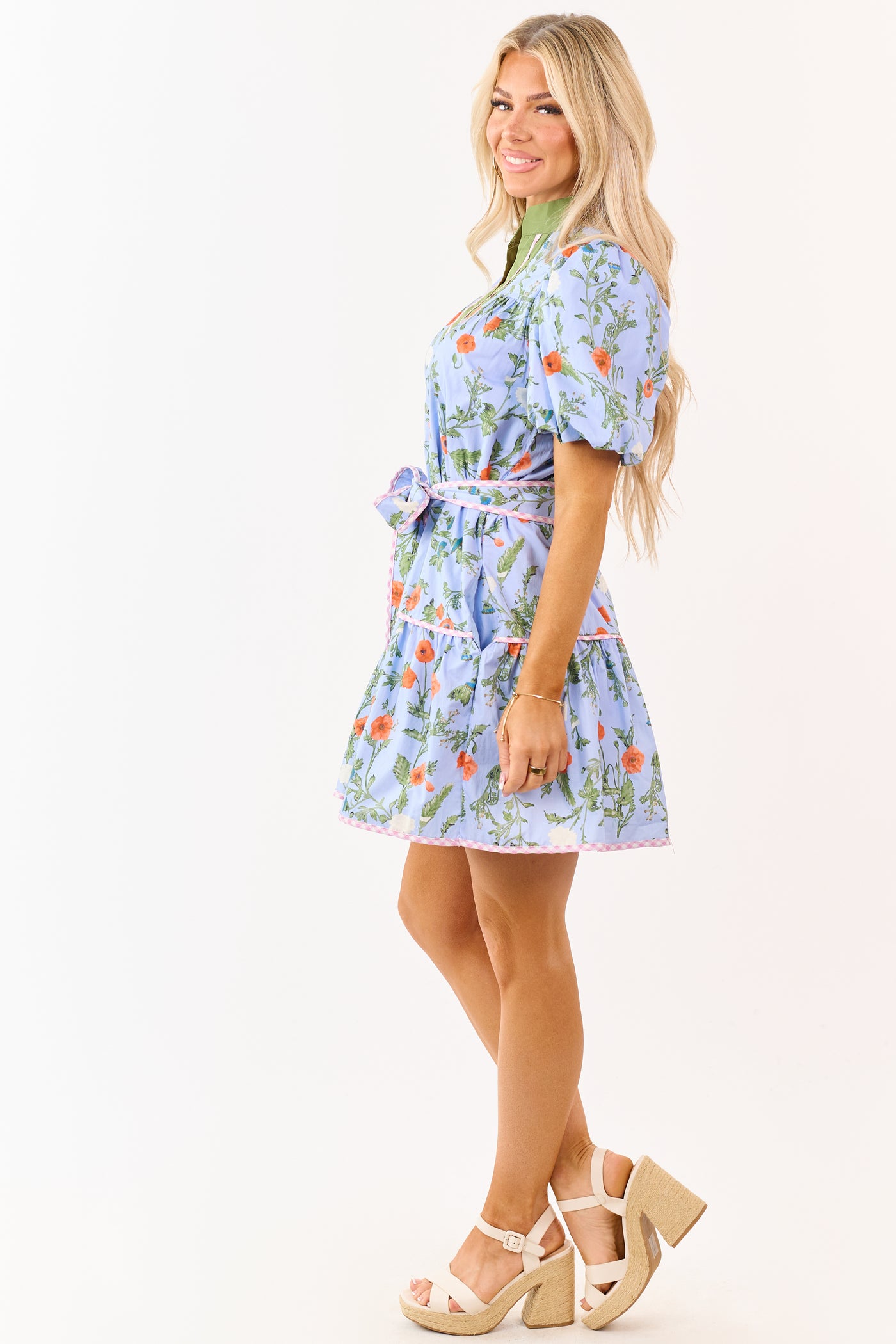 Entro Powder Blue Cotton Floral Print Mini Dress