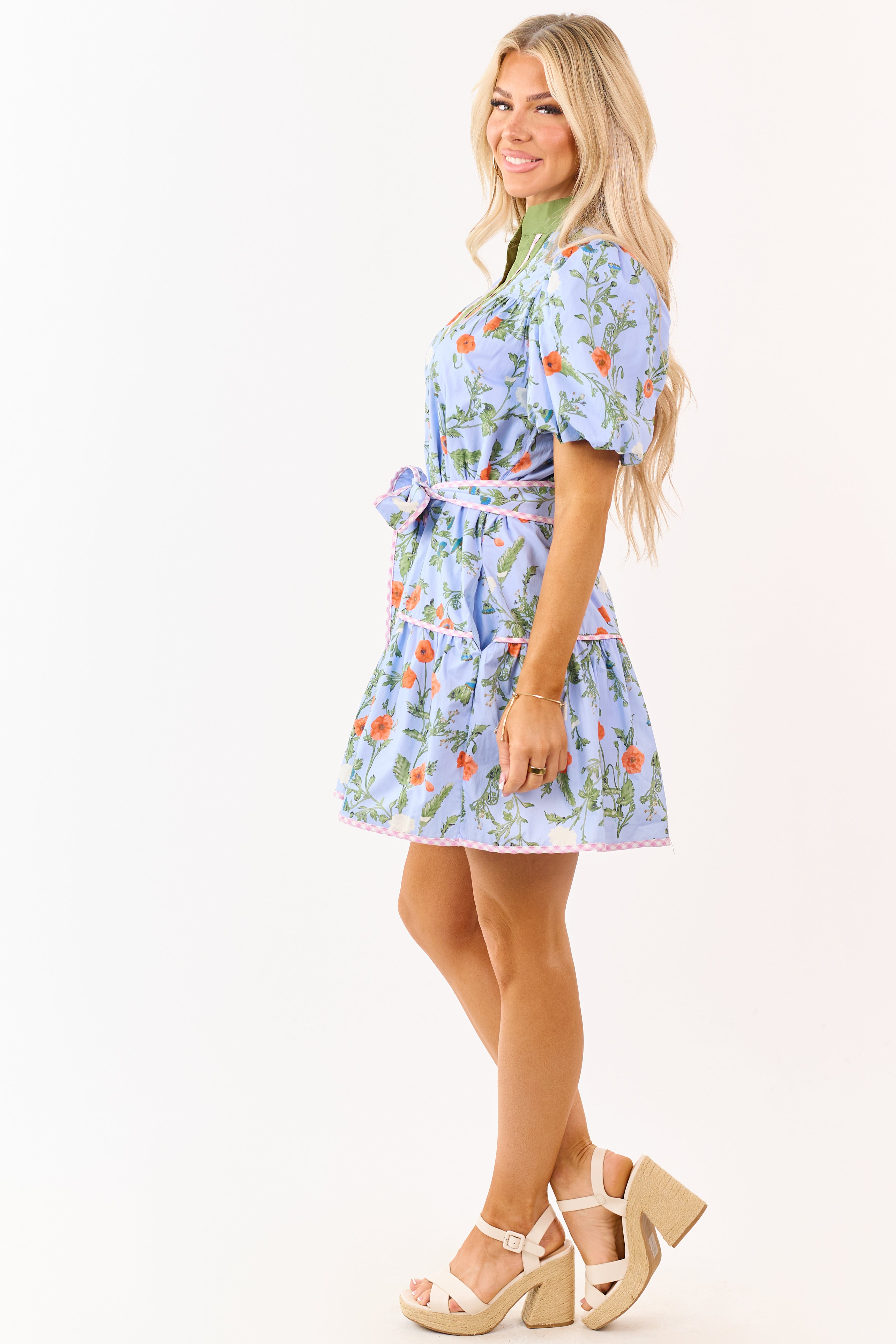 Entro Powder Blue Cotton Floral Print Mini Dress