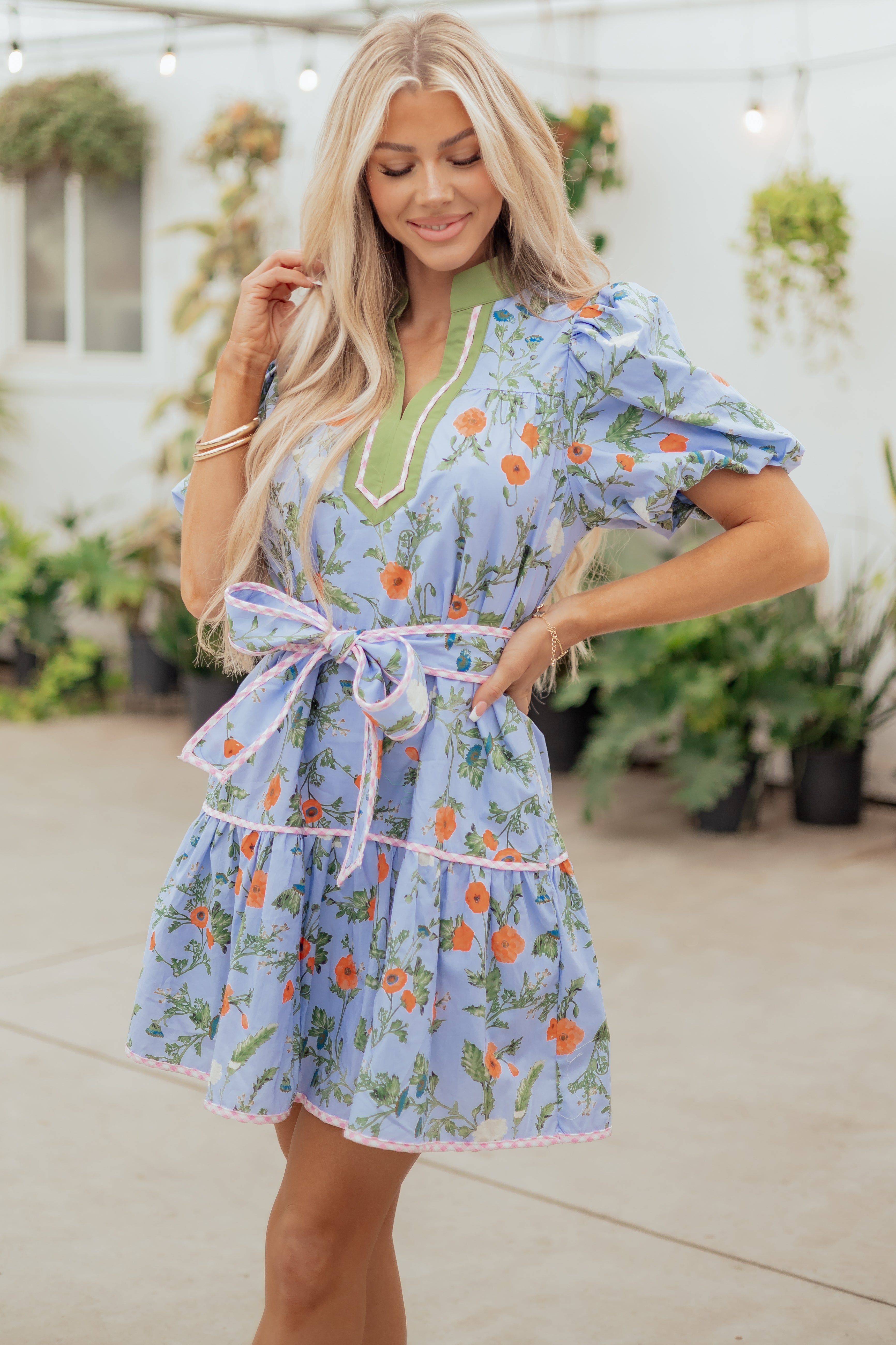 Entro Powder Blue Cotton Floral Print Mini Dress