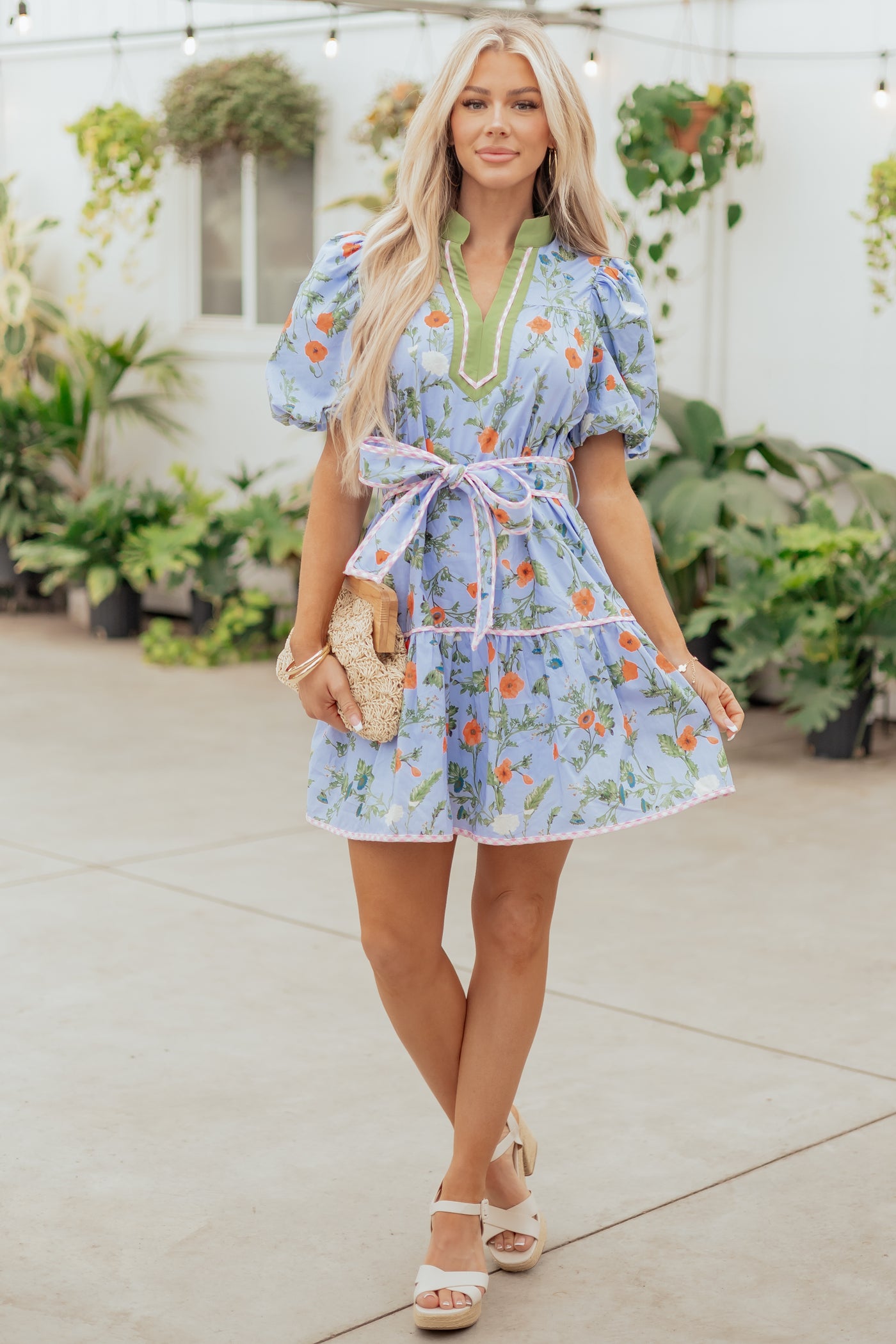 Entro Powder Blue Cotton Floral Print Mini Dress