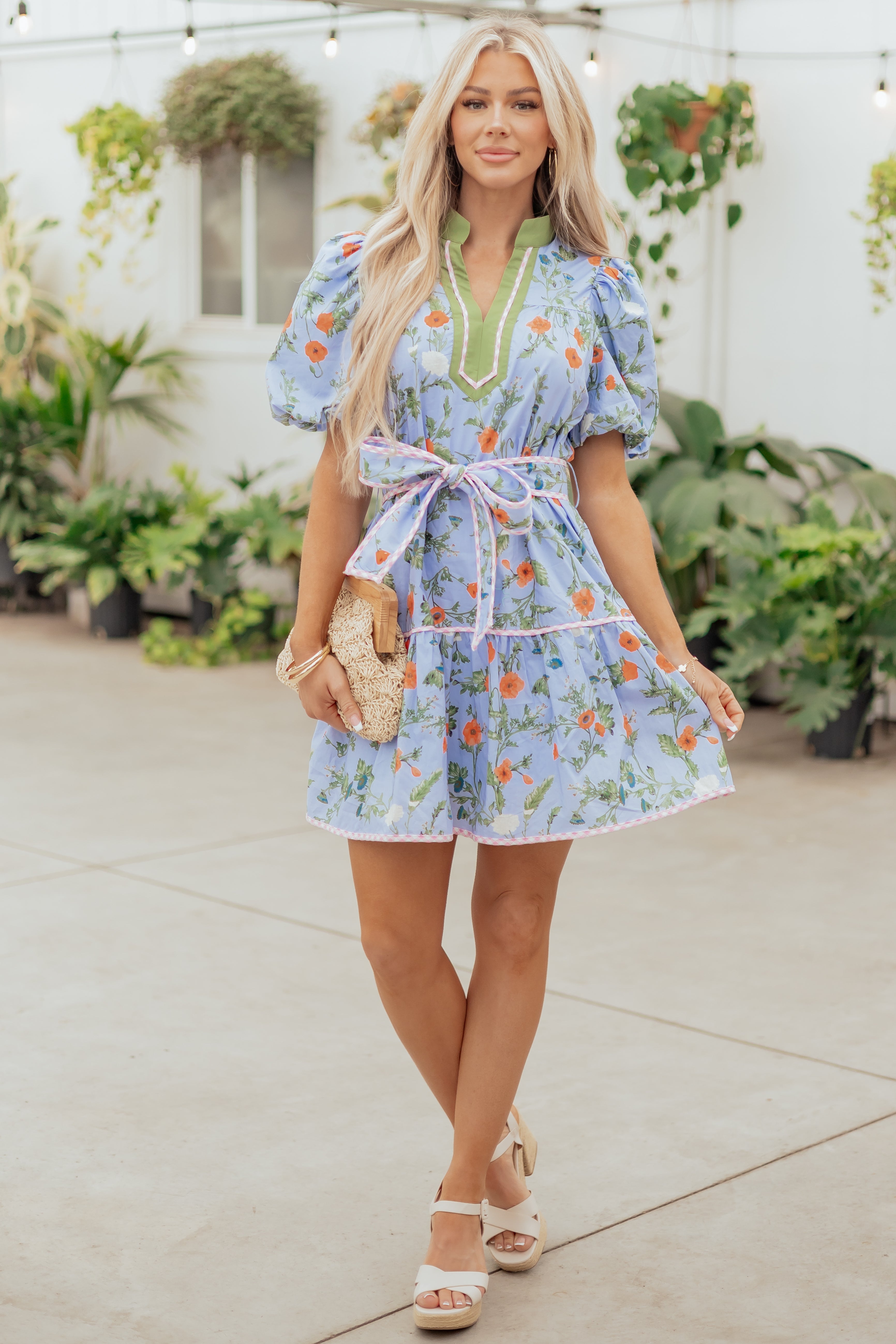 Entro Powder Blue Cotton Floral Print Mini Dress