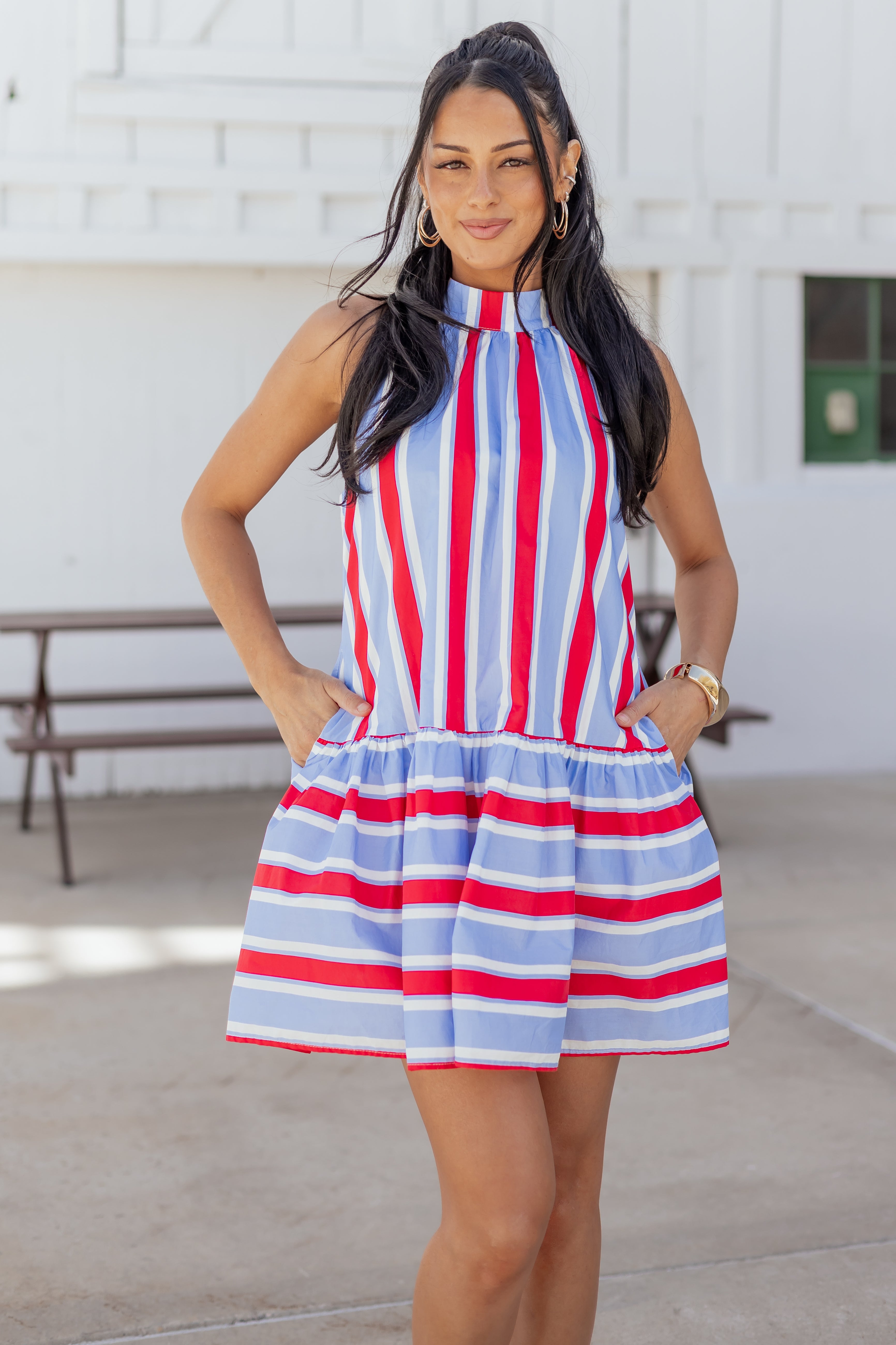Entro Powder Blue Cotton Striped Mini Dress Entro Powder Blue Cotton Striped Mini Dress