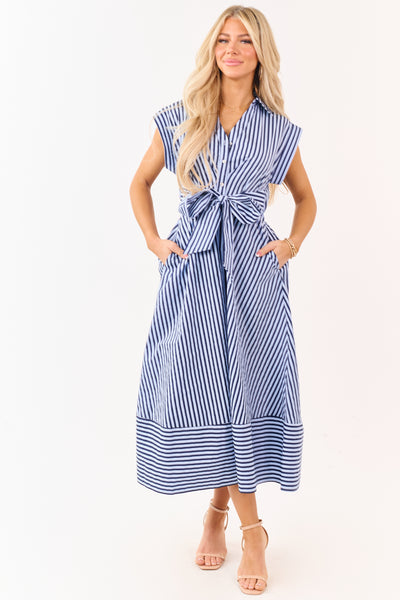 Entro Powder Blue and Navy Striped Cotton Midi Dress