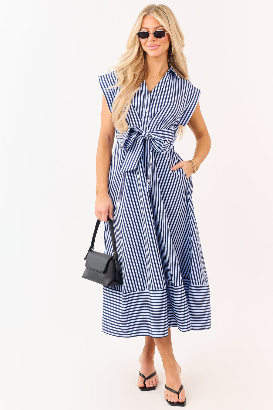 Entro Powder Blue and Navy Striped Cotton Midi Dress
