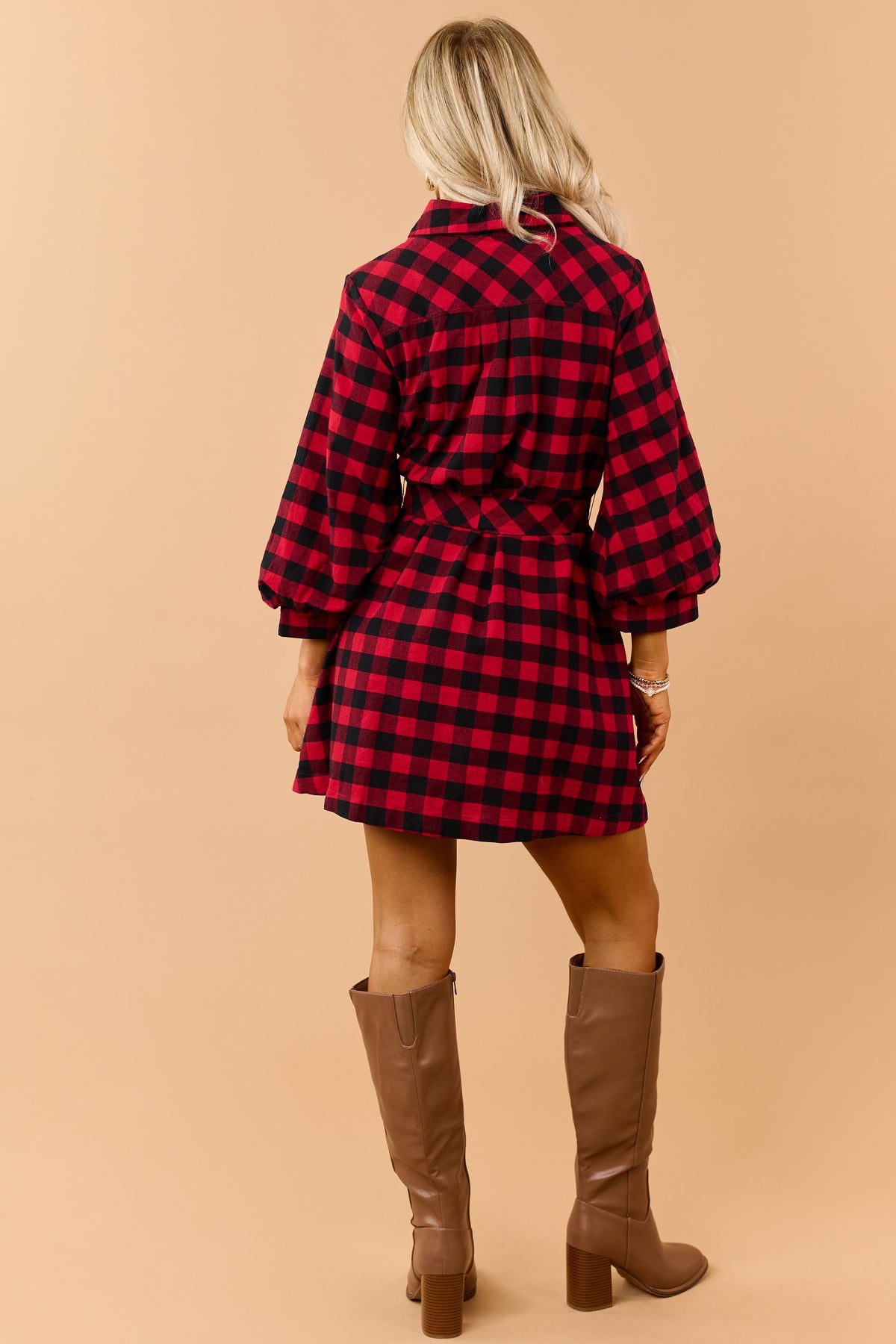 Entro Red Cotton Plaid Button Down Mini Dress