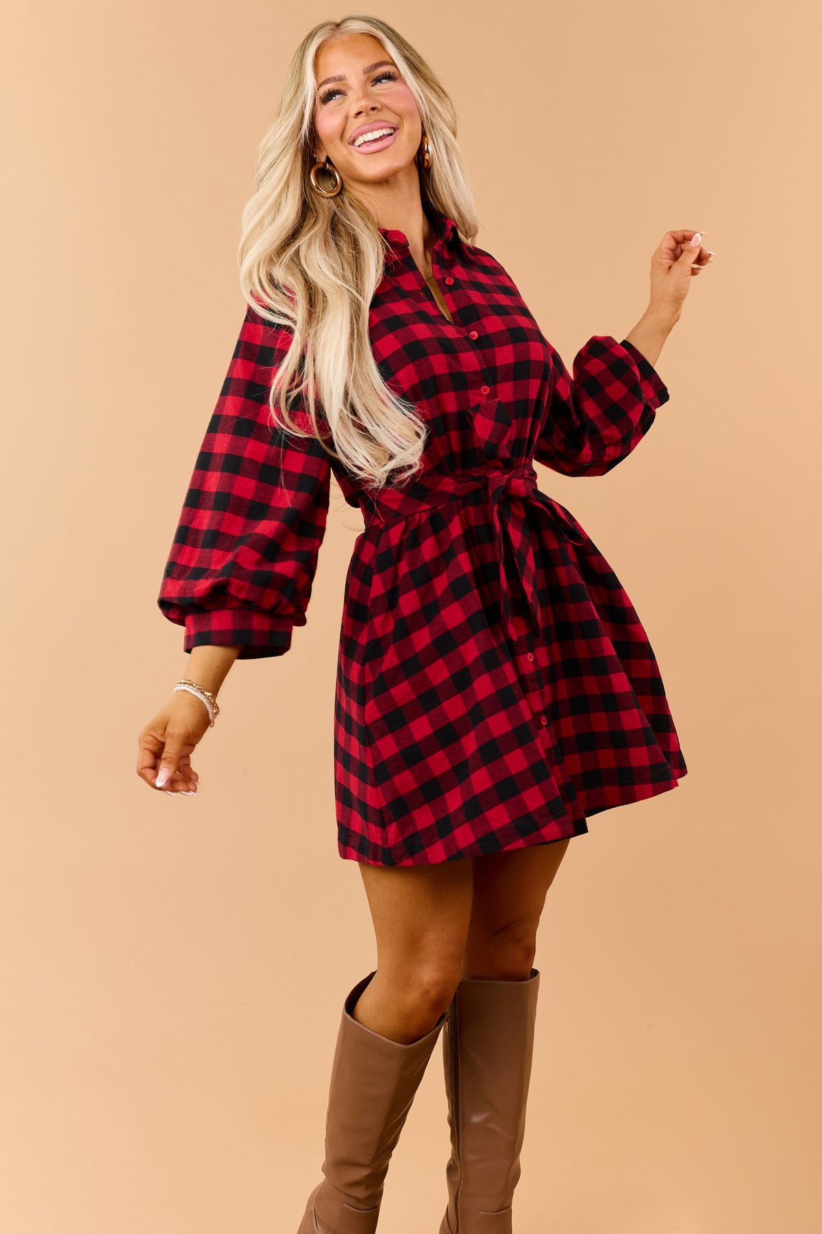Entro Red Cotton Plaid Button Down Mini Dress