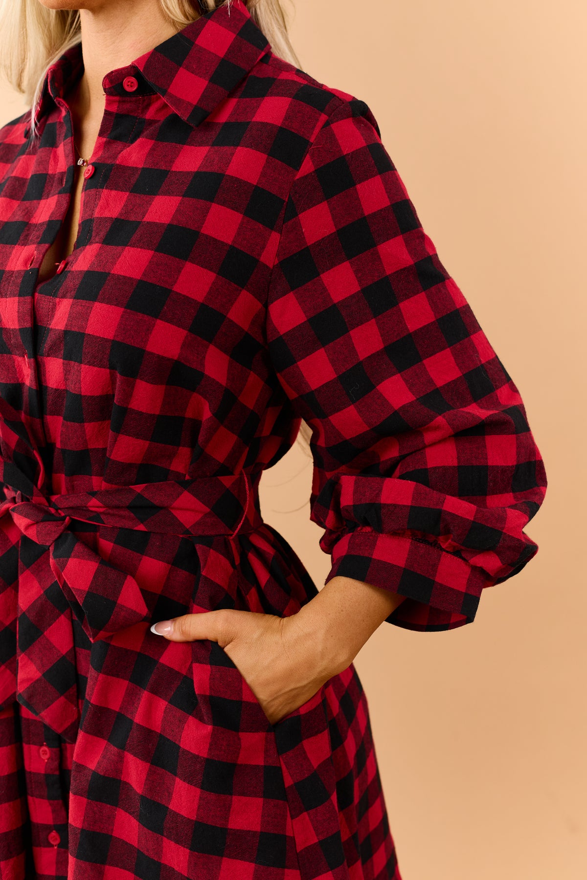 Entro Red Cotton Plaid Button Down Mini Dress