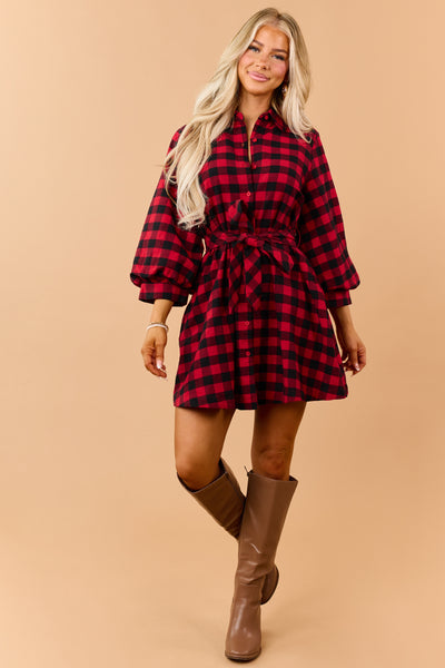 Entro Red Cotton Plaid Button Down Mini Dress