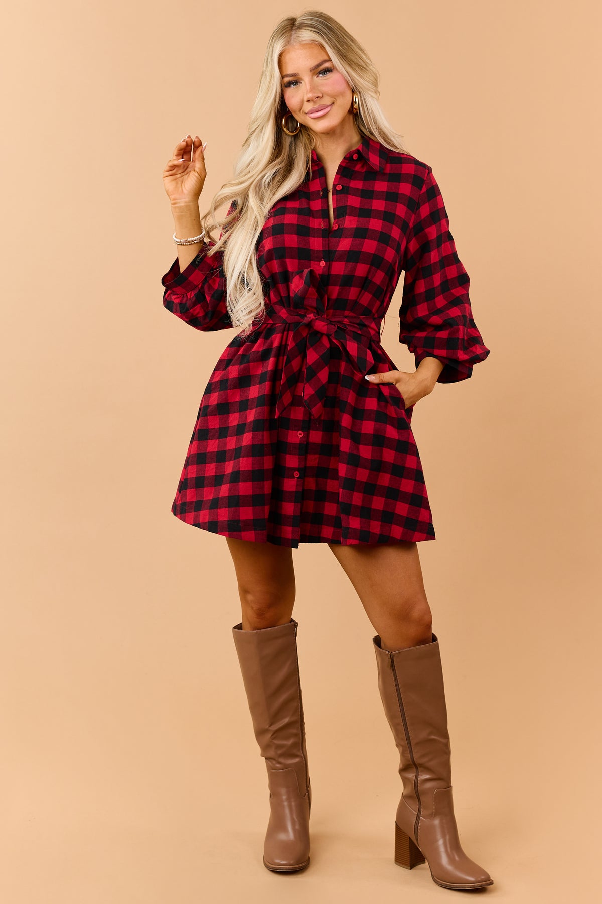 Entro Red Cotton Plaid Button Down Mini Dress