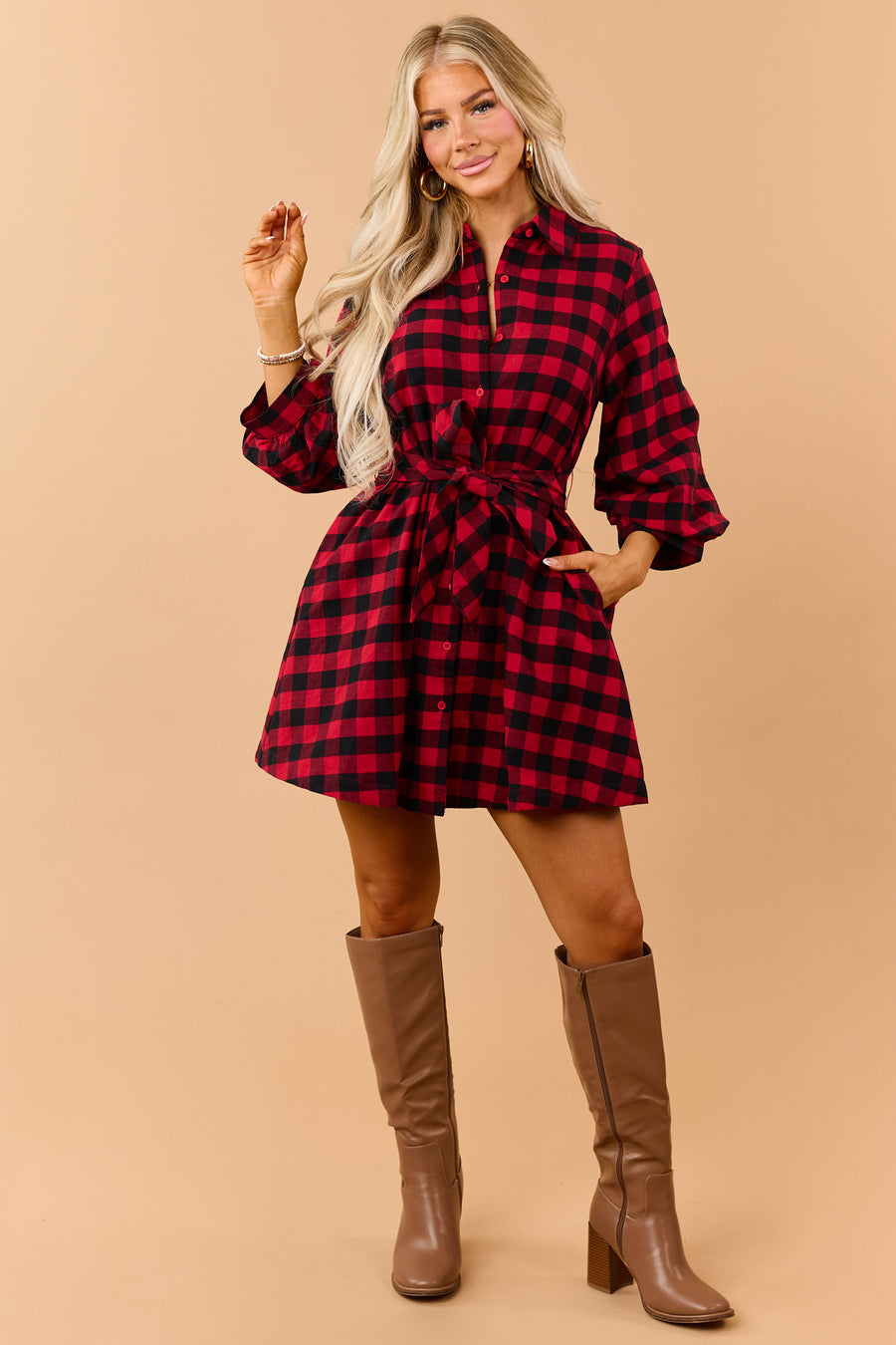 Entro Red Cotton Plaid Button Down Mini Dress