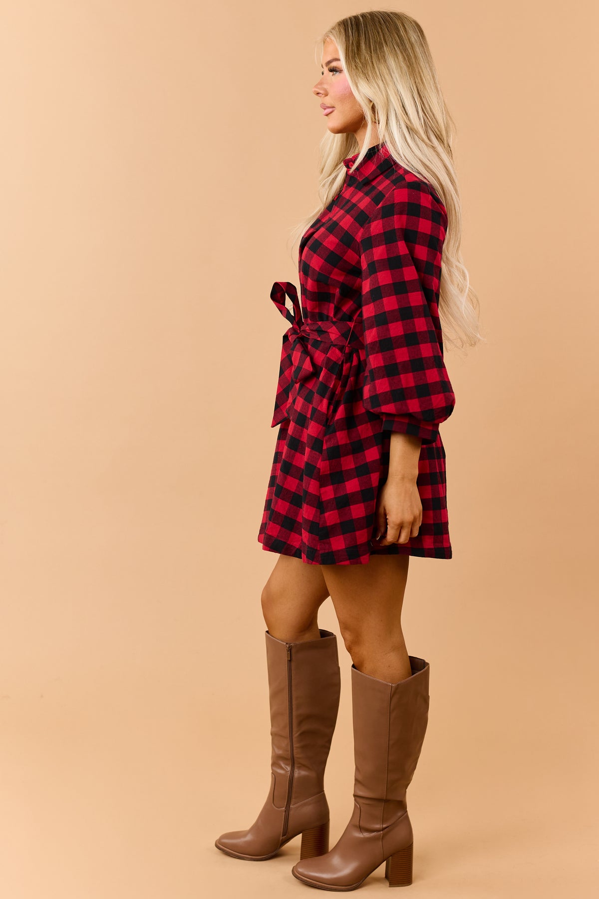 Entro Red Cotton Plaid Button Down Mini Dress