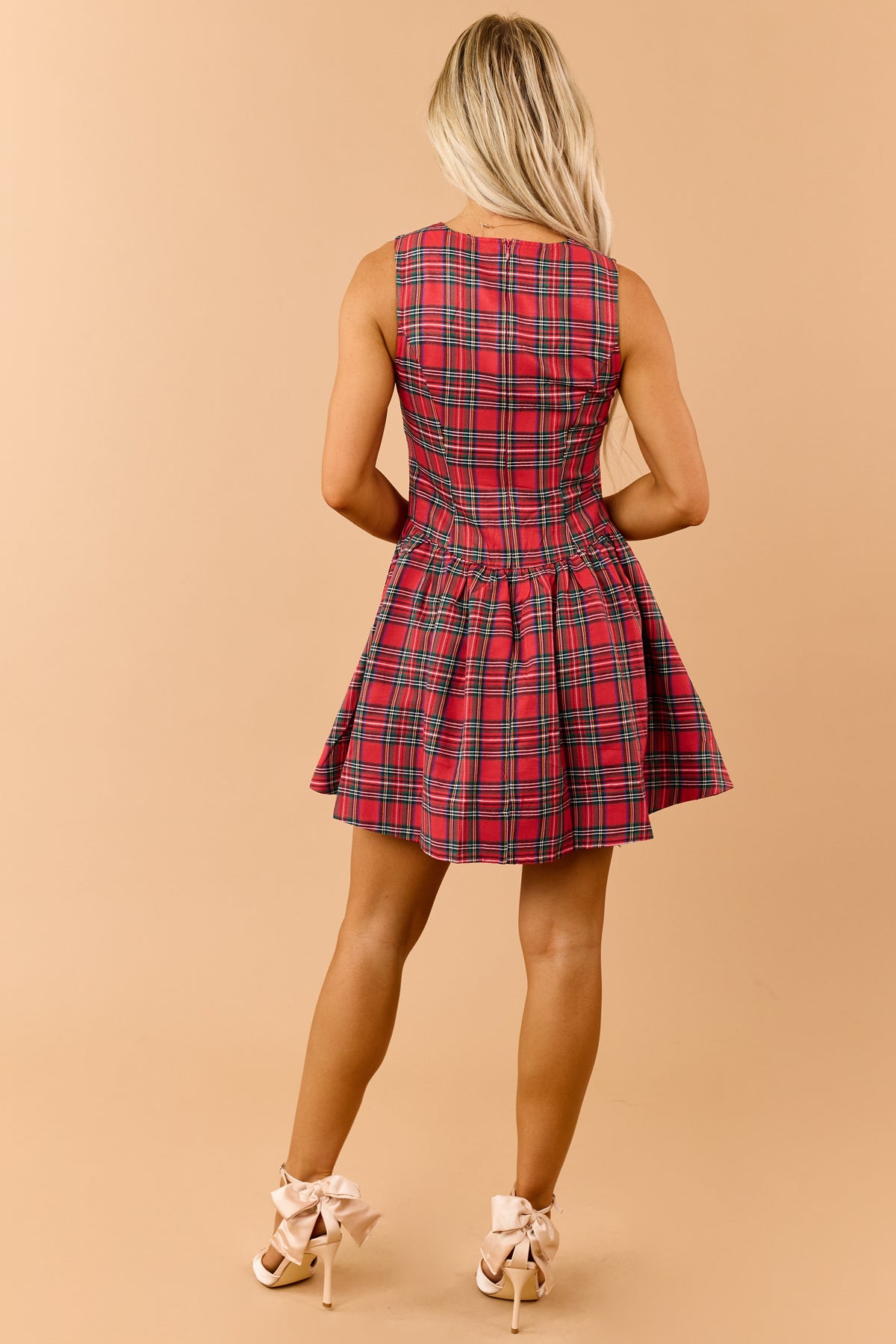 Entro Red Plaid Buttoned Drop Waist Mini Dress
