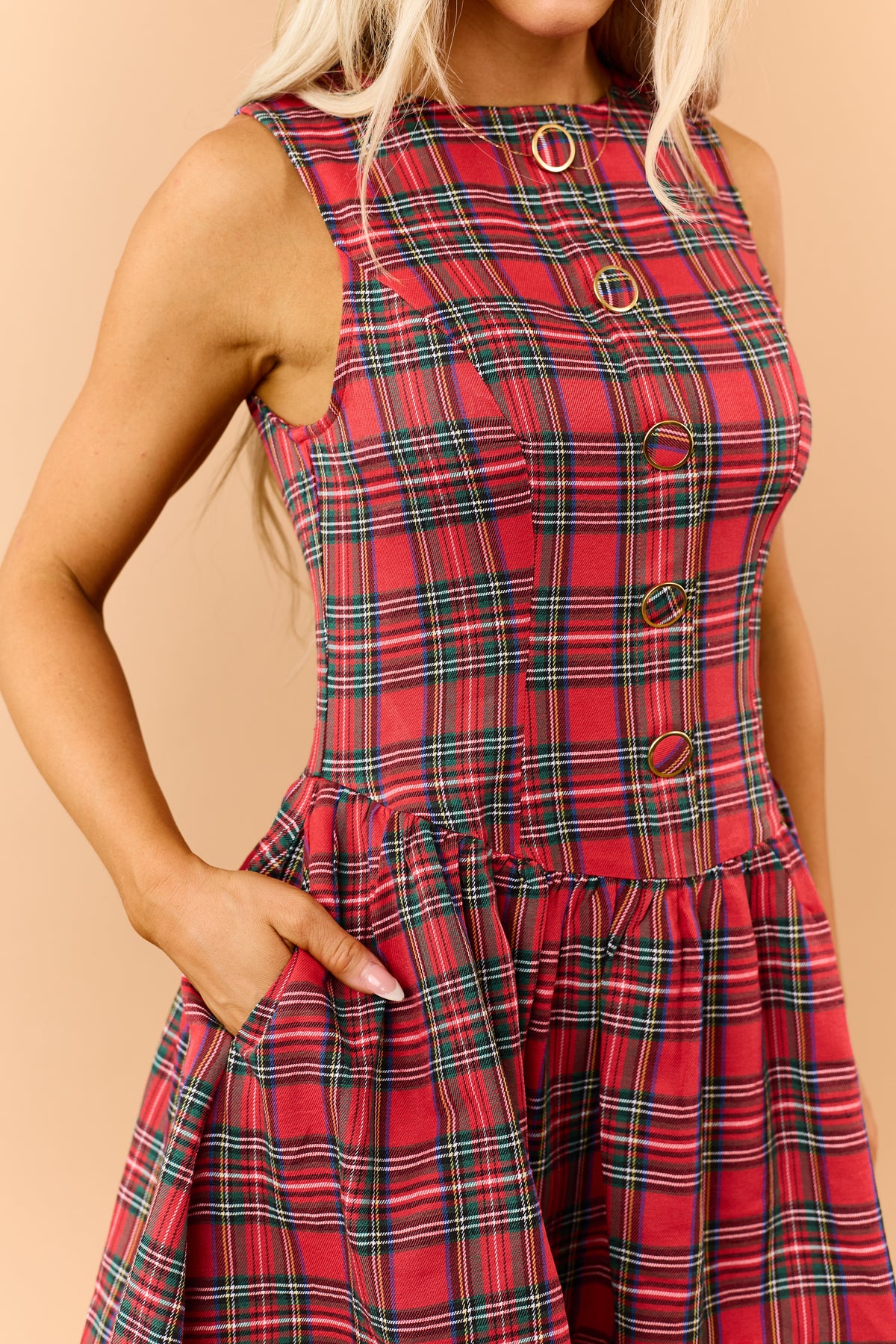 Entro Red Plaid Buttoned Drop Waist Mini Dress