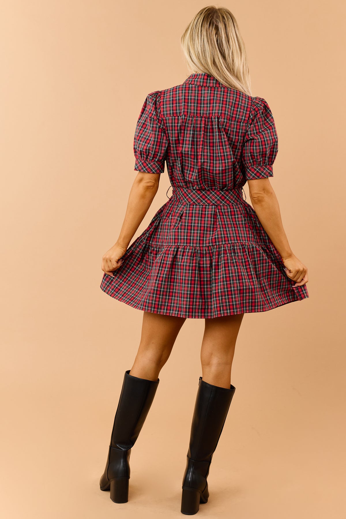 Entro Red Plaid Cotton Button Down Mini Dress