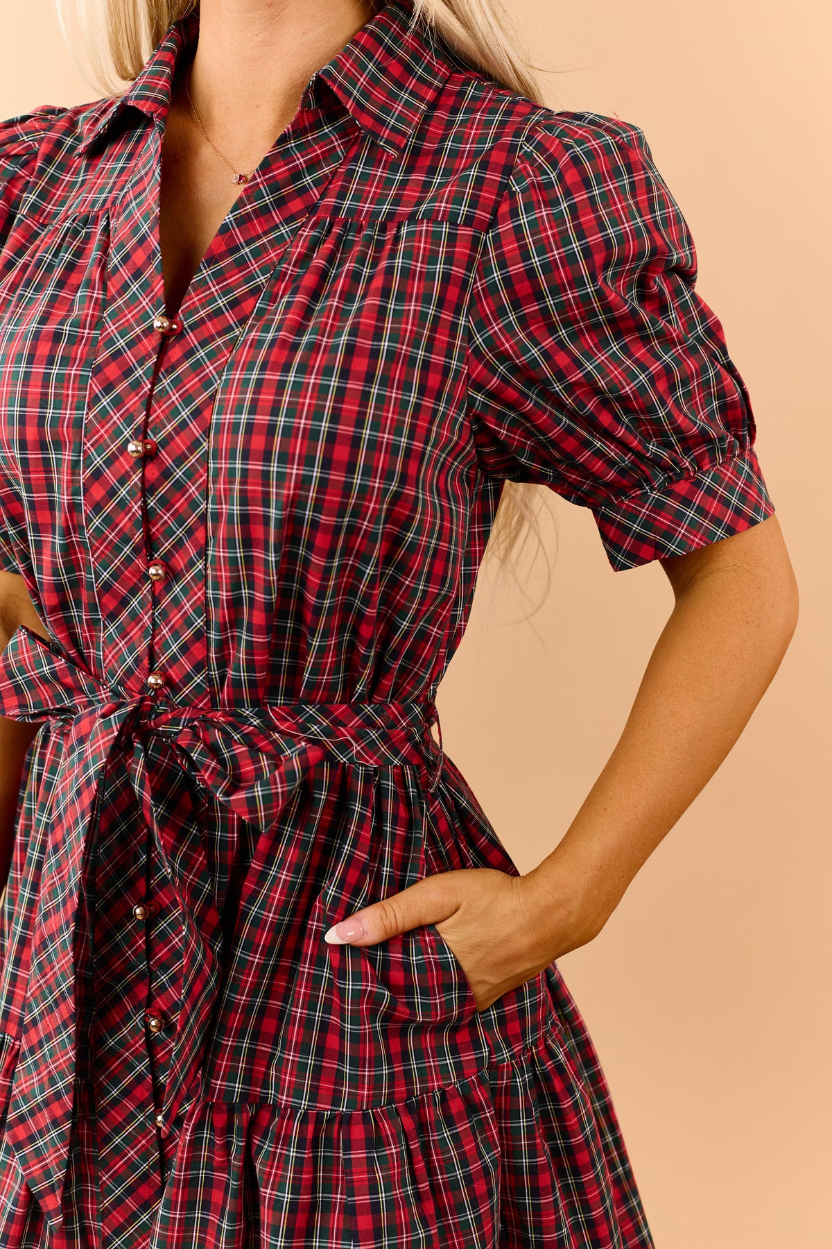 Entro Red Plaid Cotton Button Down Mini Dress