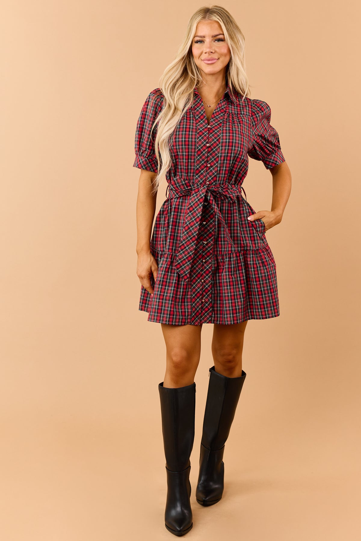 Entro Red Plaid Cotton Button Down Mini Dress