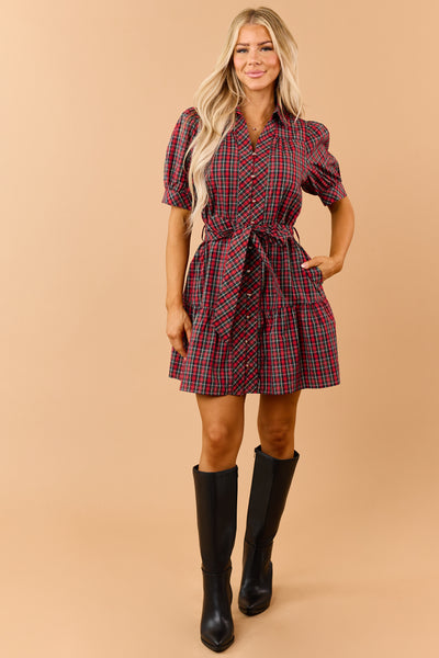 Entro Red Plaid Cotton Button Down Mini Dress