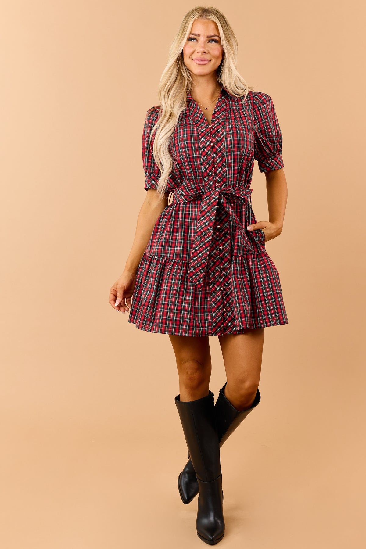 Entro Red Plaid Cotton Button Down Mini Dress