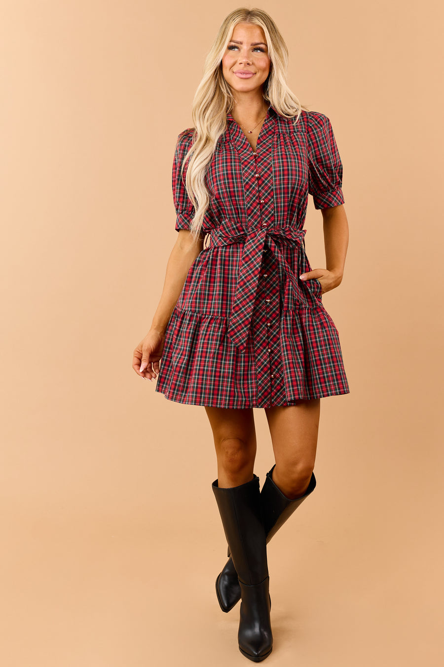 Entro Red Plaid Cotton Button Down Mini Dress