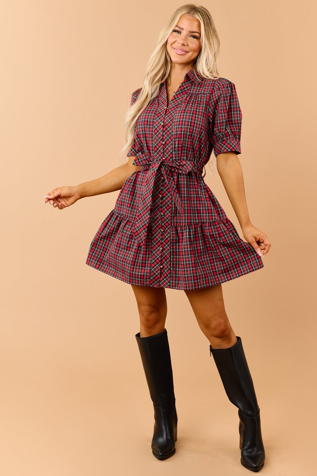 Entro Red Plaid Cotton Button Down Mini Dress