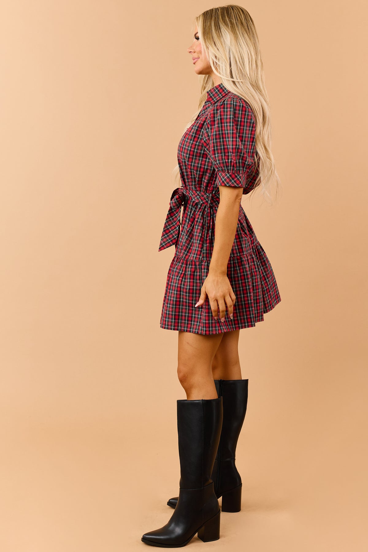 Entro Red Plaid Cotton Button Down Mini Dress
