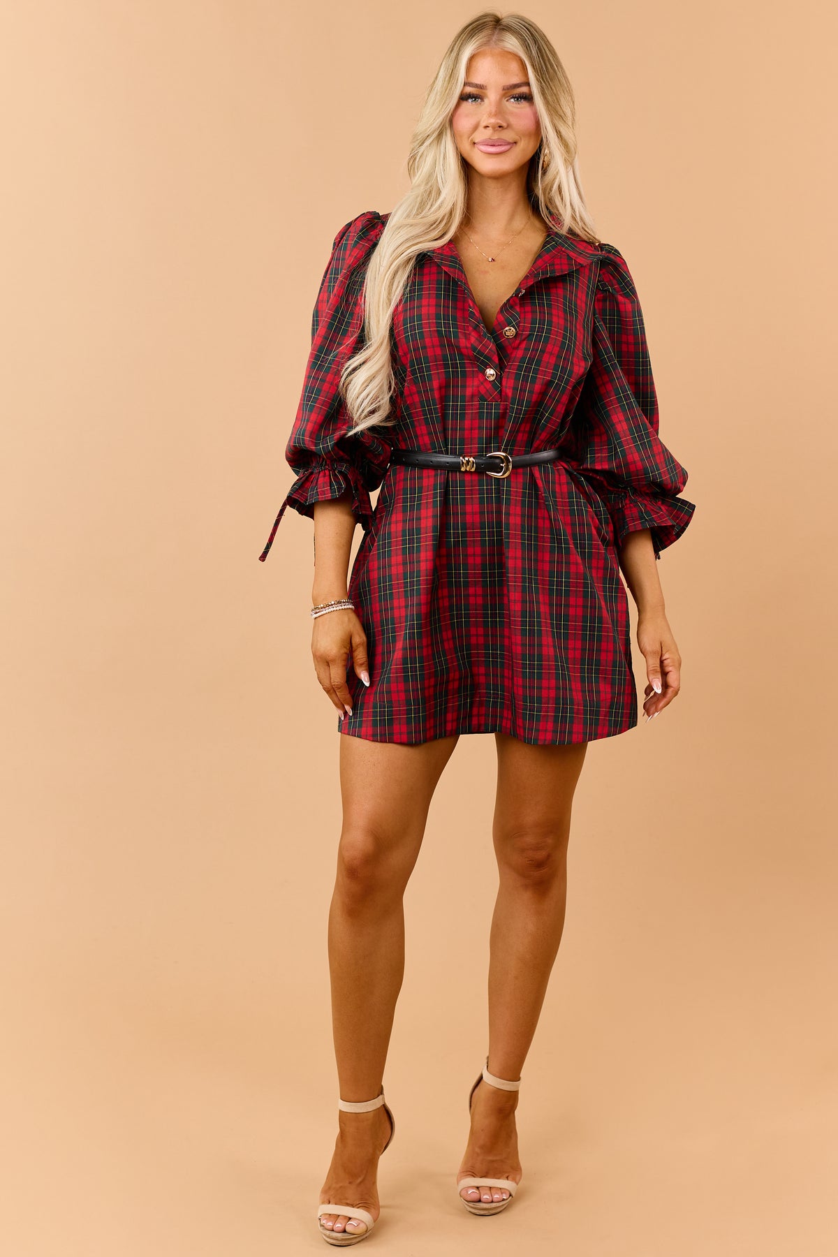 Entro Red Plaid Half Button Down Mini Dress