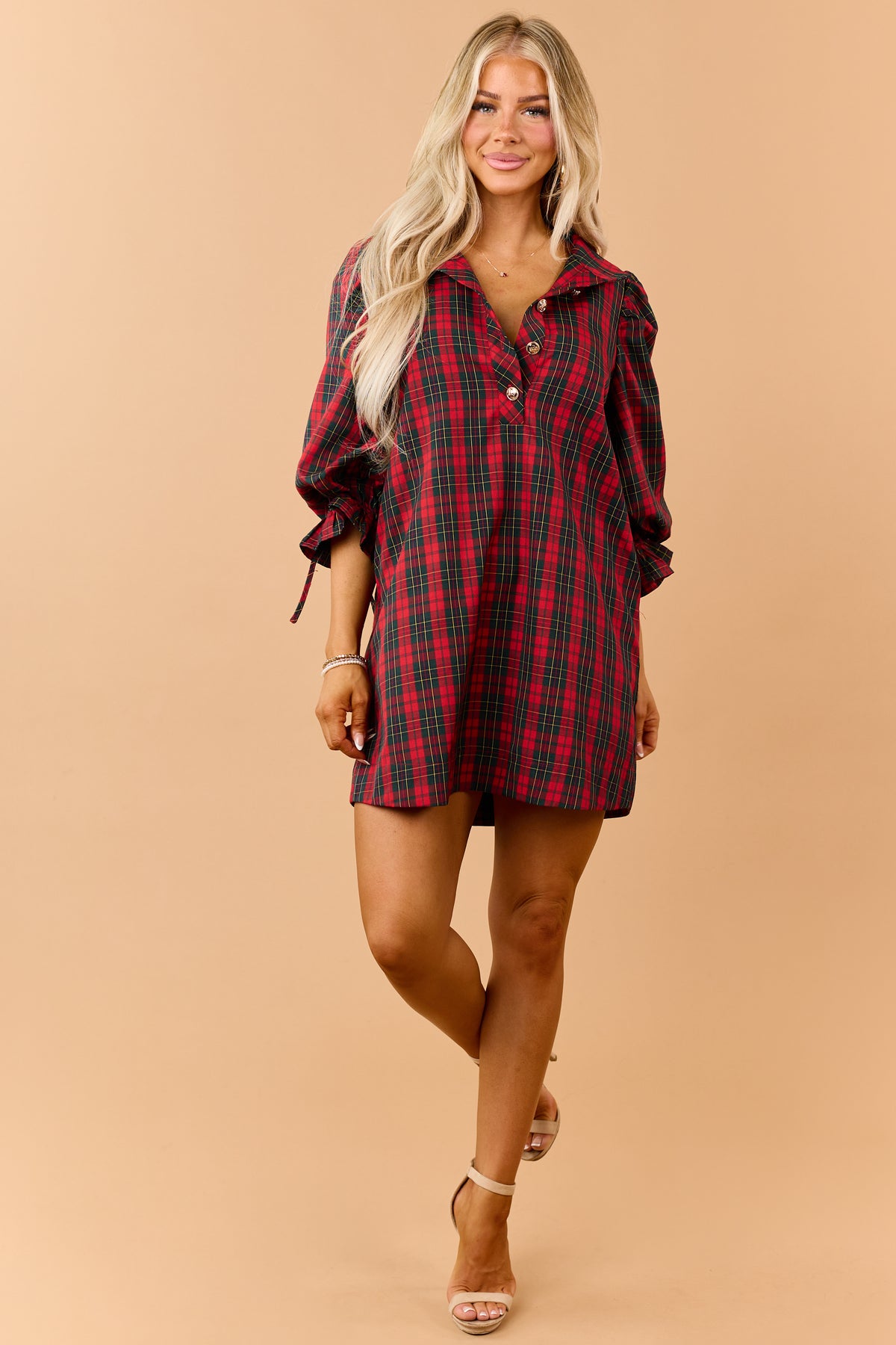 Entro Red Plaid Half Button Down Mini Dress