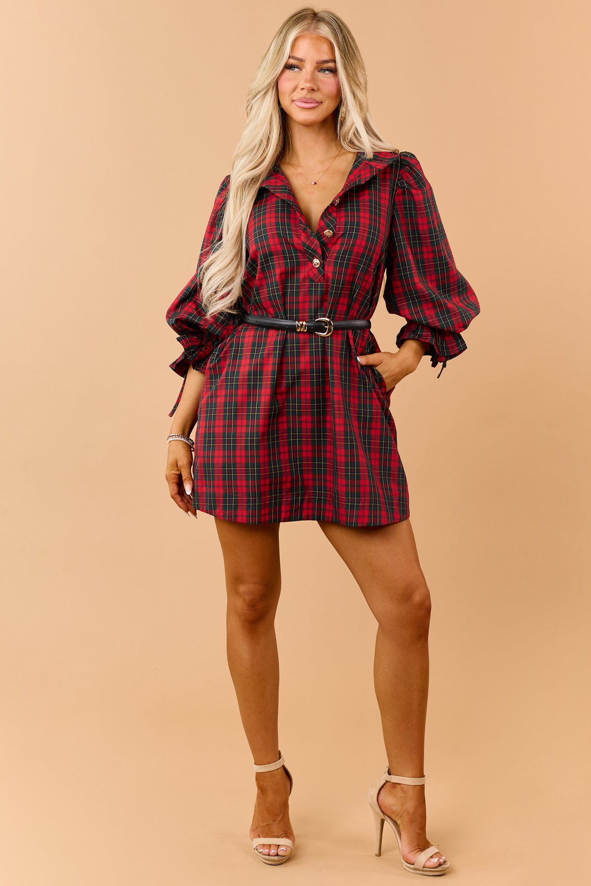 Entro Red Plaid Half Button Down Mini Dress