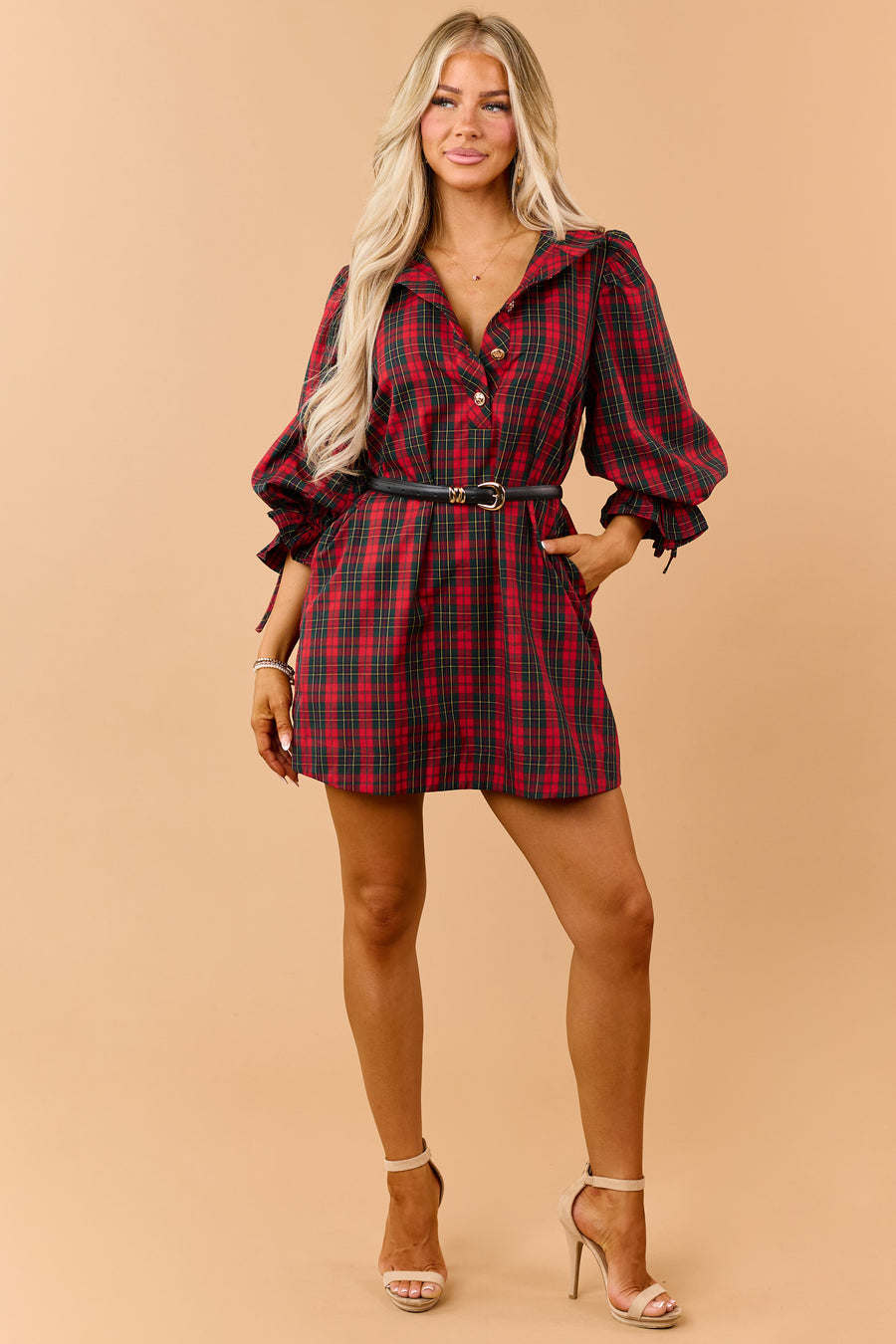 Entro Red Plaid Half Button Down Mini Dress